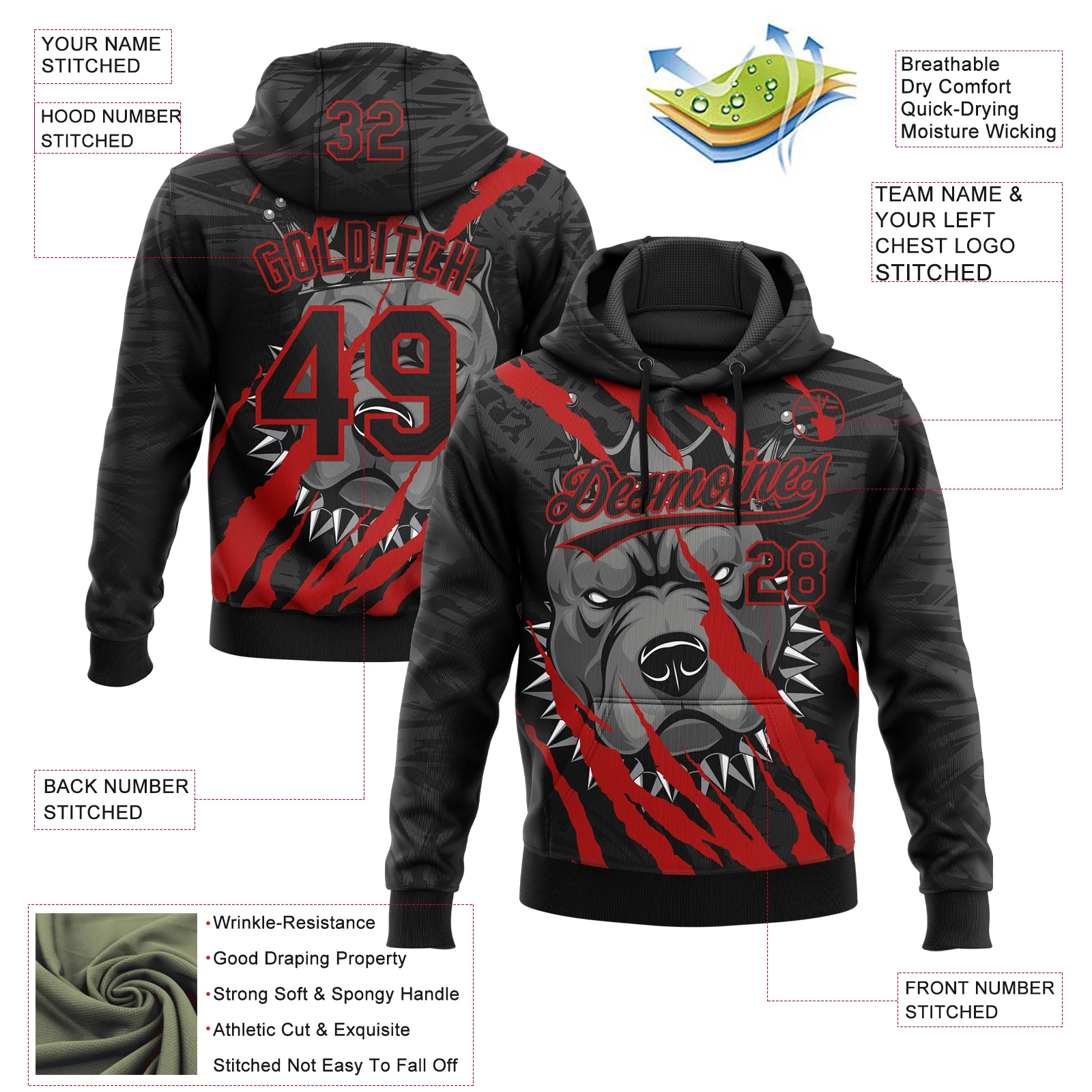 Custom Stitched Black Red Gray-White 3D Pattern Design Animal Pitbull Dog Sports Pullover Sweatshirt Hoodie