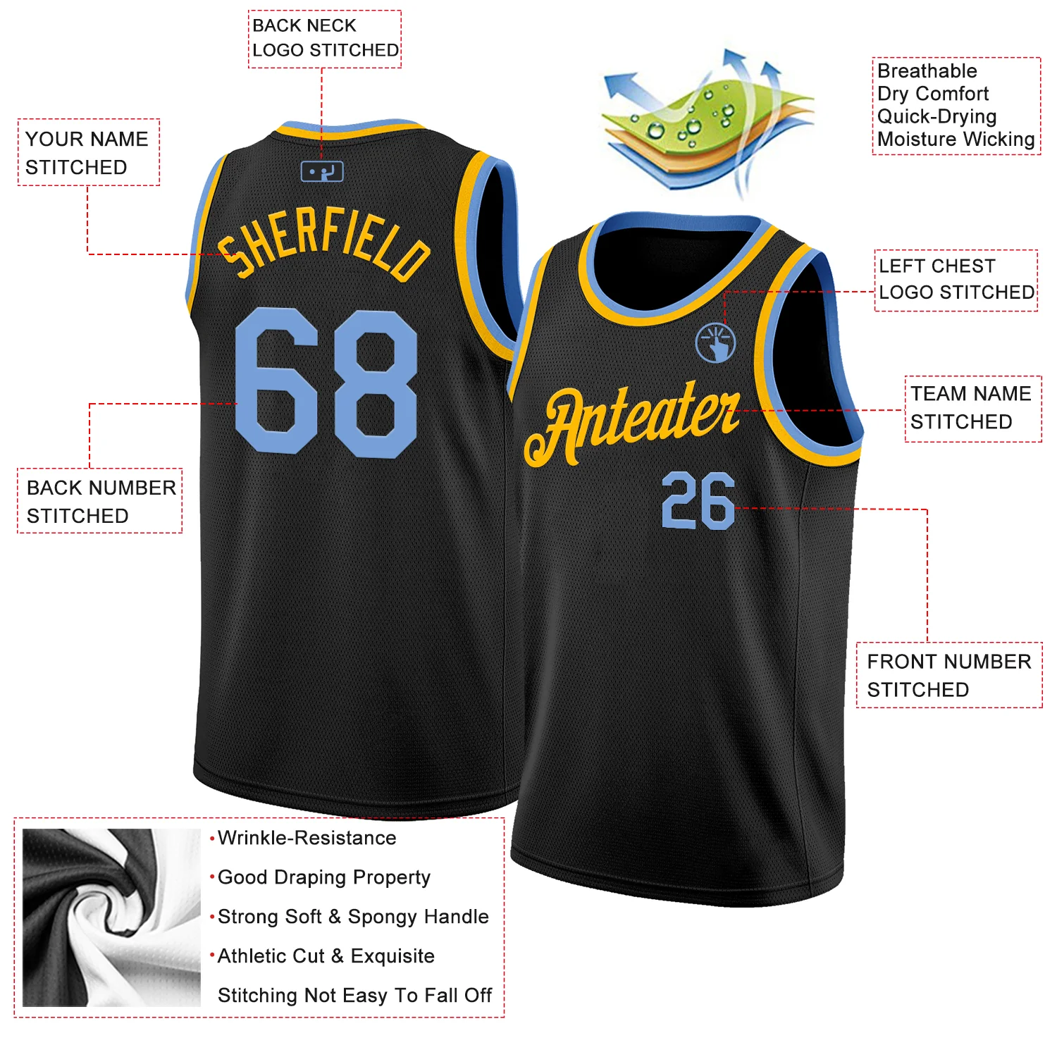 Custom Black Light Blue-Gold Authentic Basketball Jersey