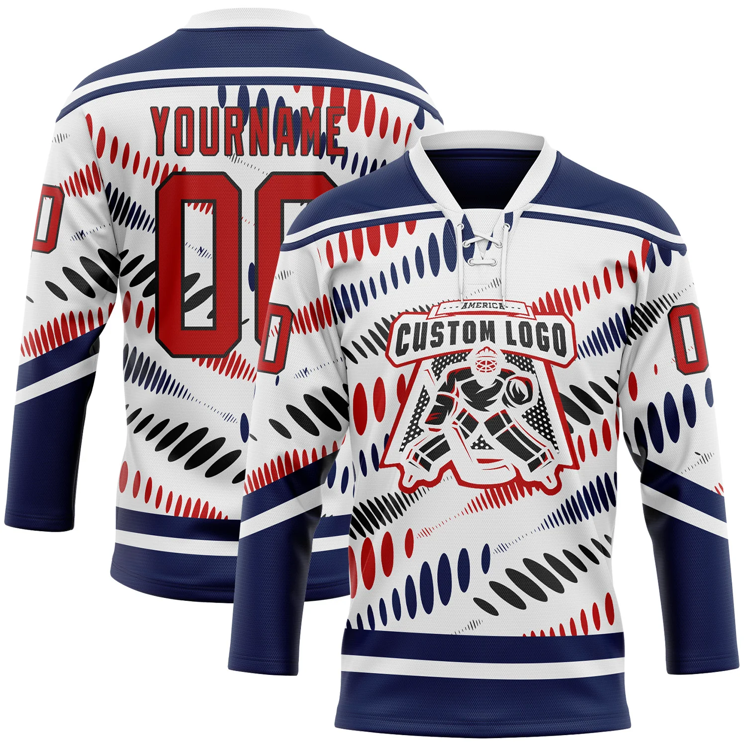 Custom White Red Navy-Black 3D Pattern Abstract Columbus Inspired Round Hockey Lace Neck Jersey