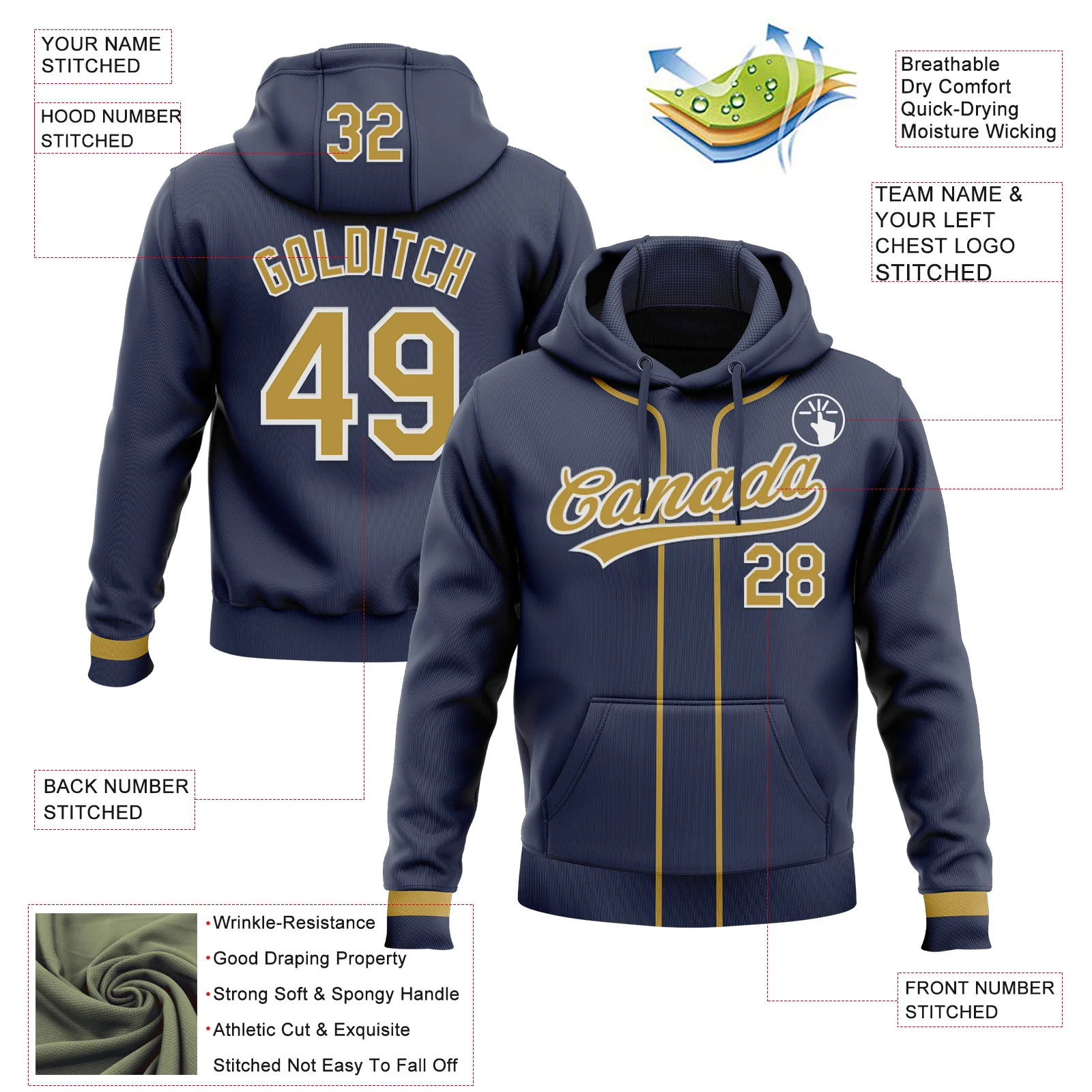 Custom Stitched Navy Old Gold-White Baseball Pullover Sweatshirt Hoodie
