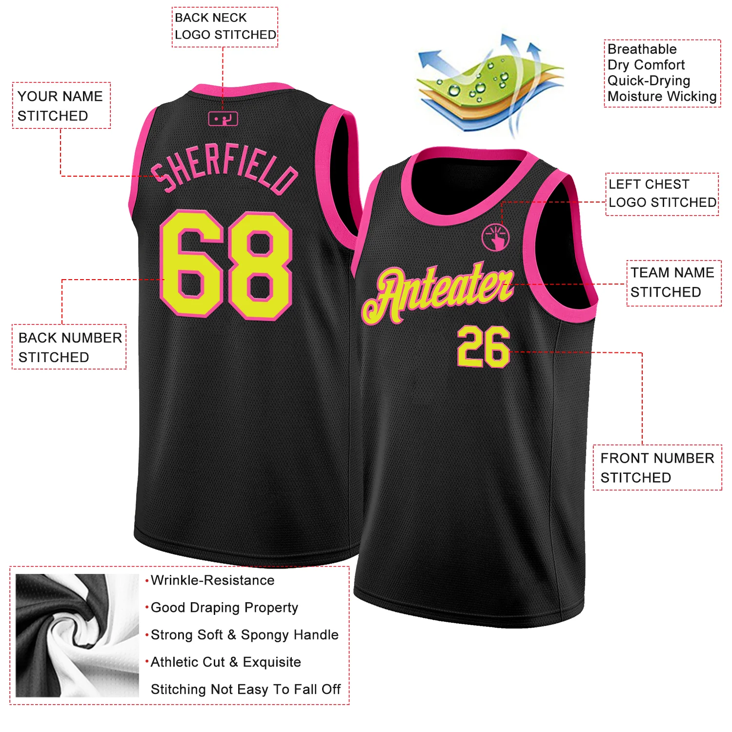 Custom Black Neon Yellow-Pink Authentic Basketball Jersey