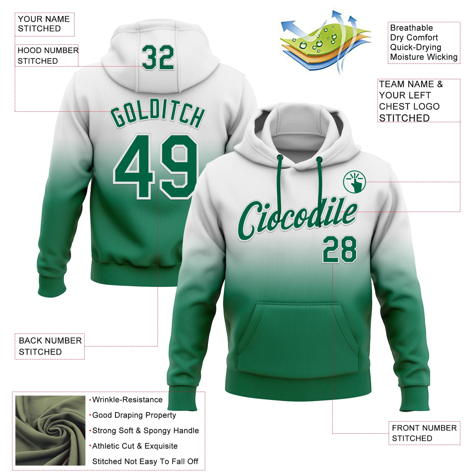 Custom Stitched White Kelly Green Fade Fashion Sports Pullover Sweatshirt Hoodie