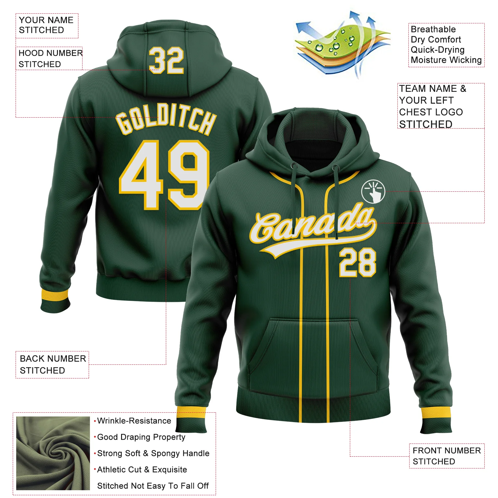 Custom Stitched Green White-Yellow Baseball Pullover Sweatshirt Hoodie