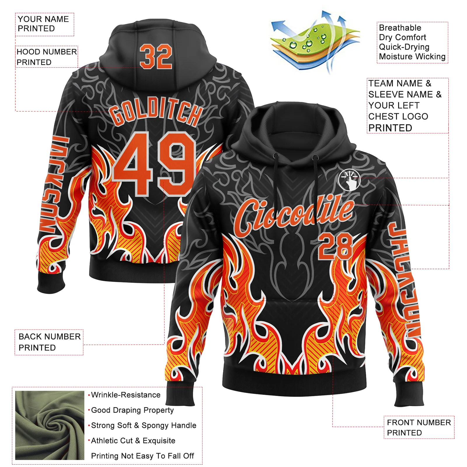 Custom Black Orange-White 3D Abstract Flame Sports Pullover Sweatshirt Hoodie