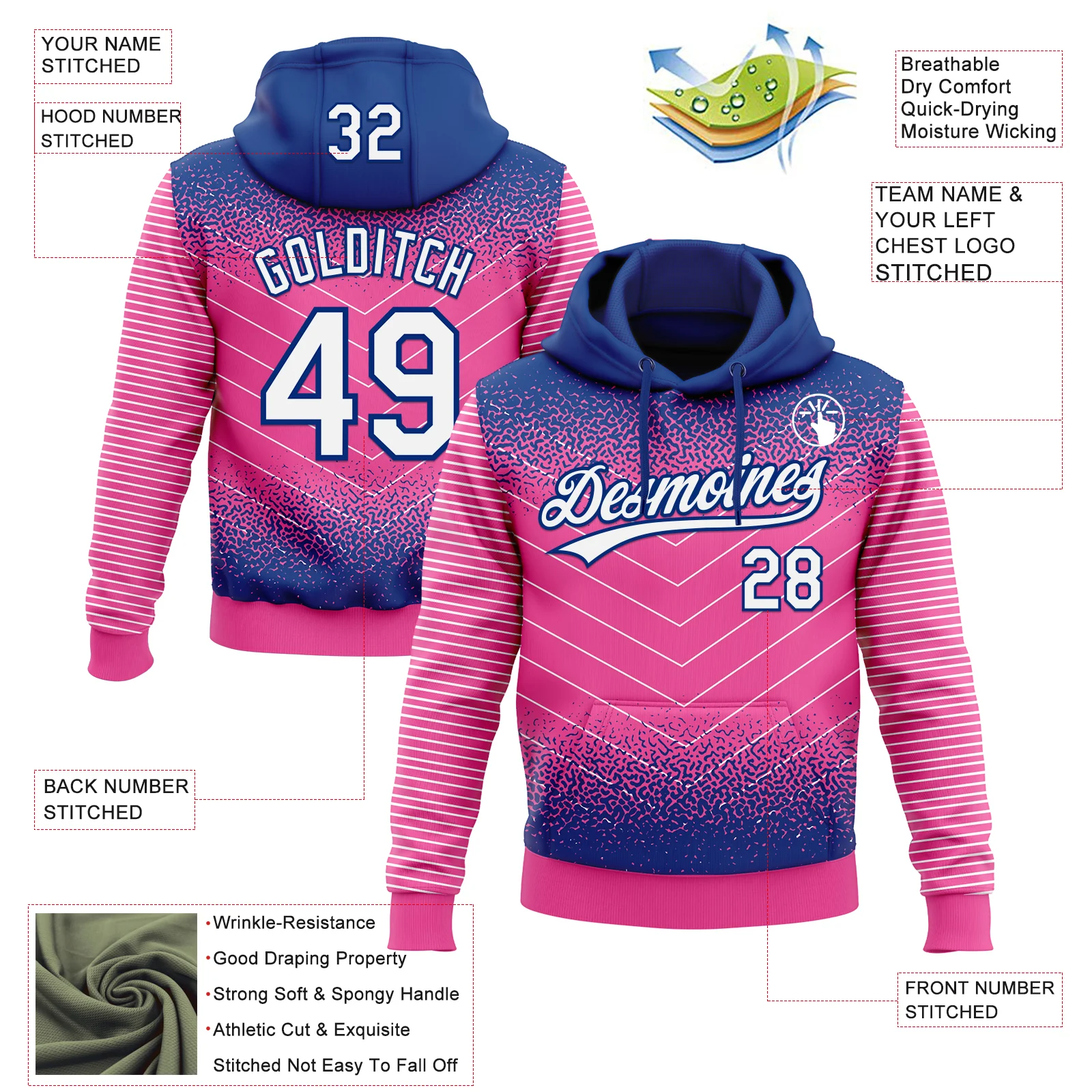 Custom Stitched Royal White-Pink 3D Pattern Design Line Sportswear Pullover Sweatshirt Hoodie