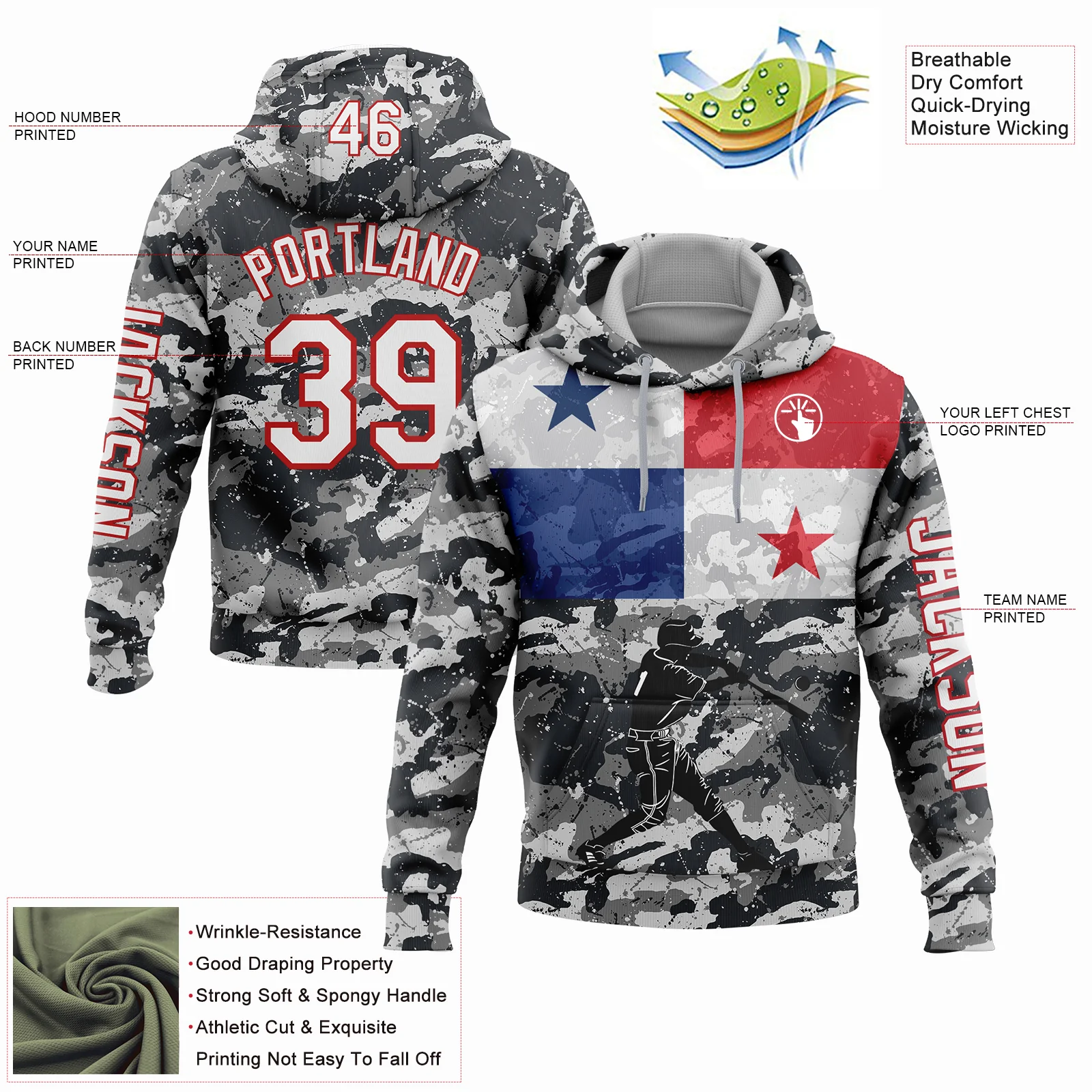 Custom Camo White-Red 3D Panama Panamanian Flag Sports Pullover Sweatshirt Salute To Service Hoodie