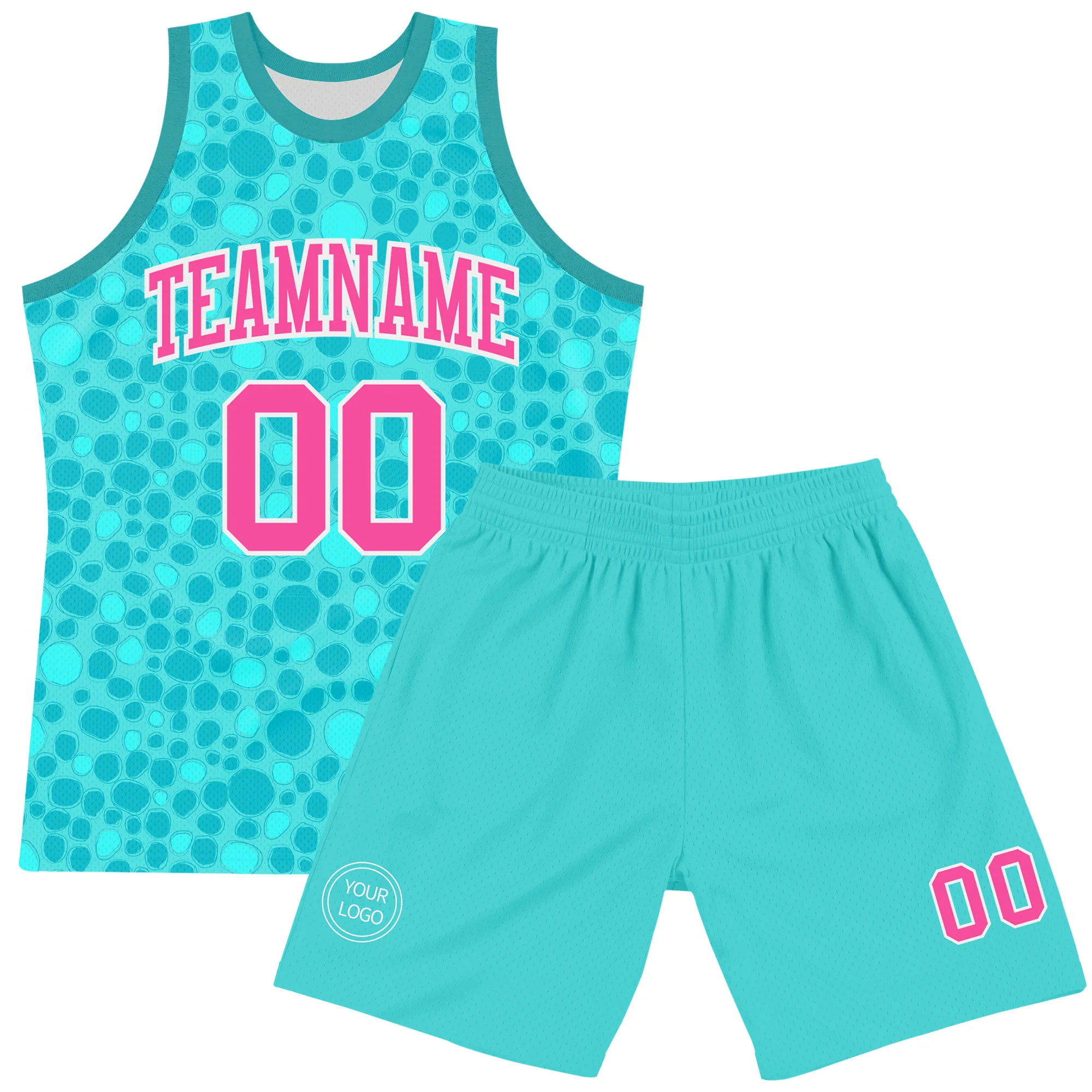 Custom Aqua Pink-White Leopard Print Round Neck Sublimation Basketball Suit Jersey