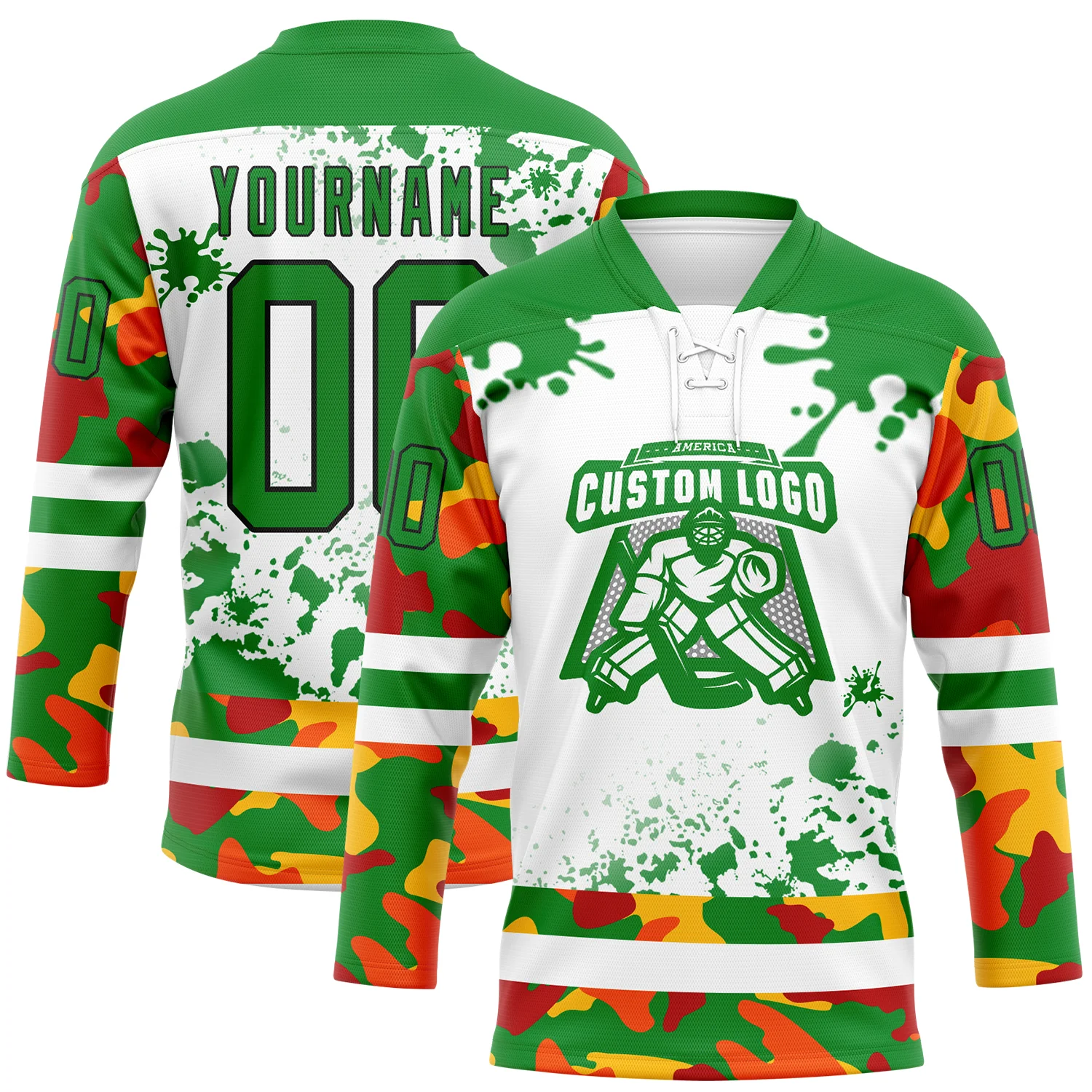 Custom Camo Grass Green Black-White Splash Hockey Lace Neck Jersey