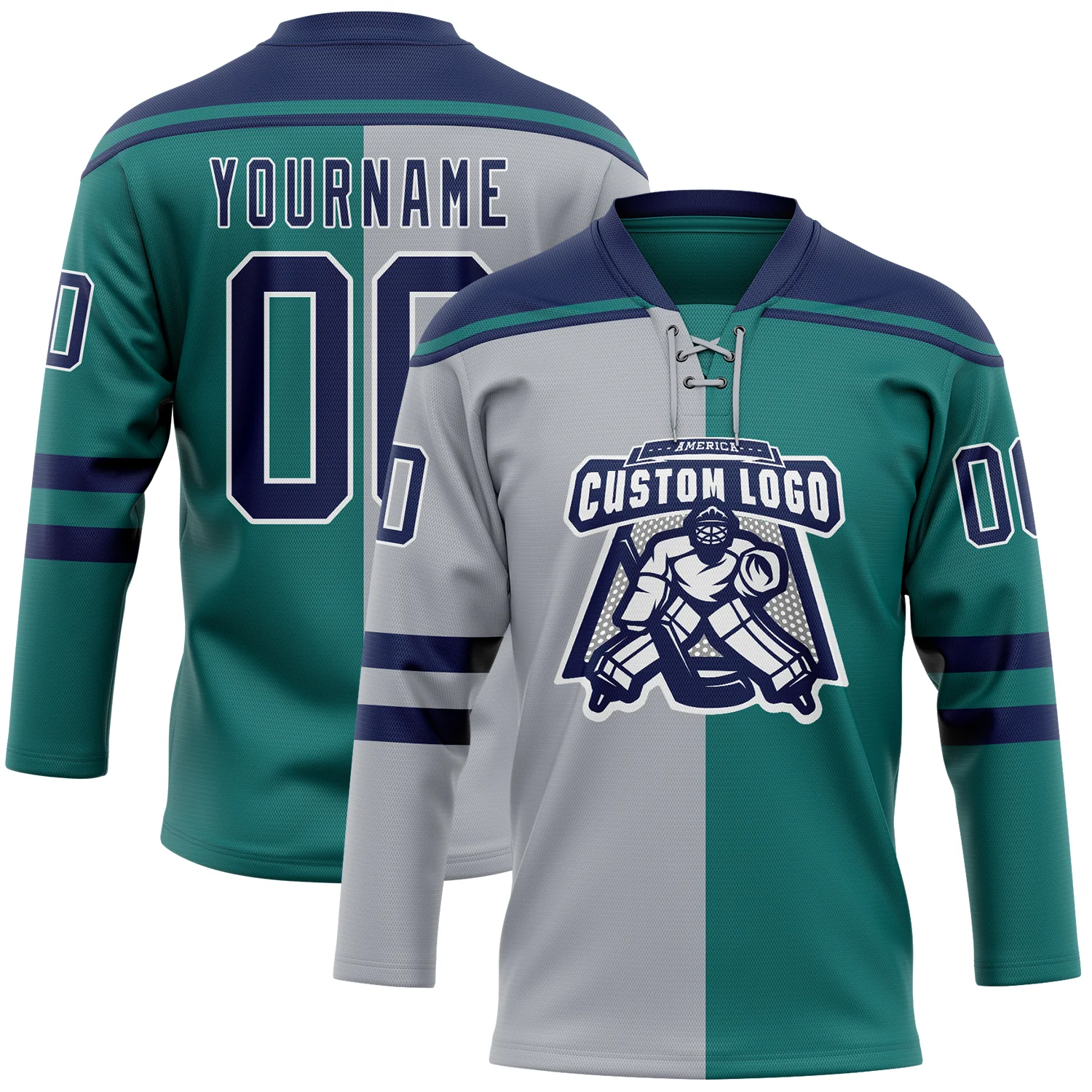 Custom Teal Navy Gray-White Split Fashion Hockey Lace Neck Jersey
