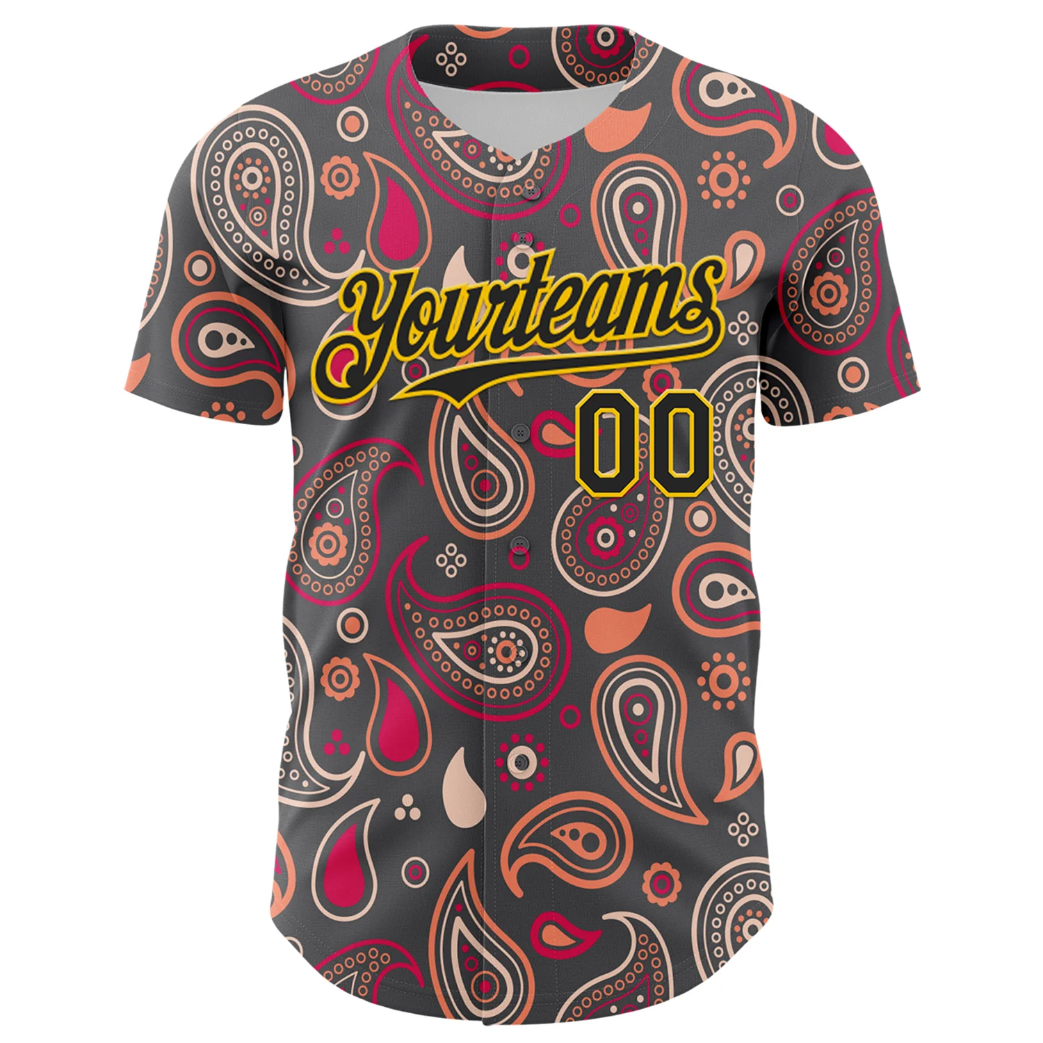 Custom Steel Gray Black-Yellow 3D Pattern Design Burner Costumes Paisley Bandana Authentic Baseball Jersey