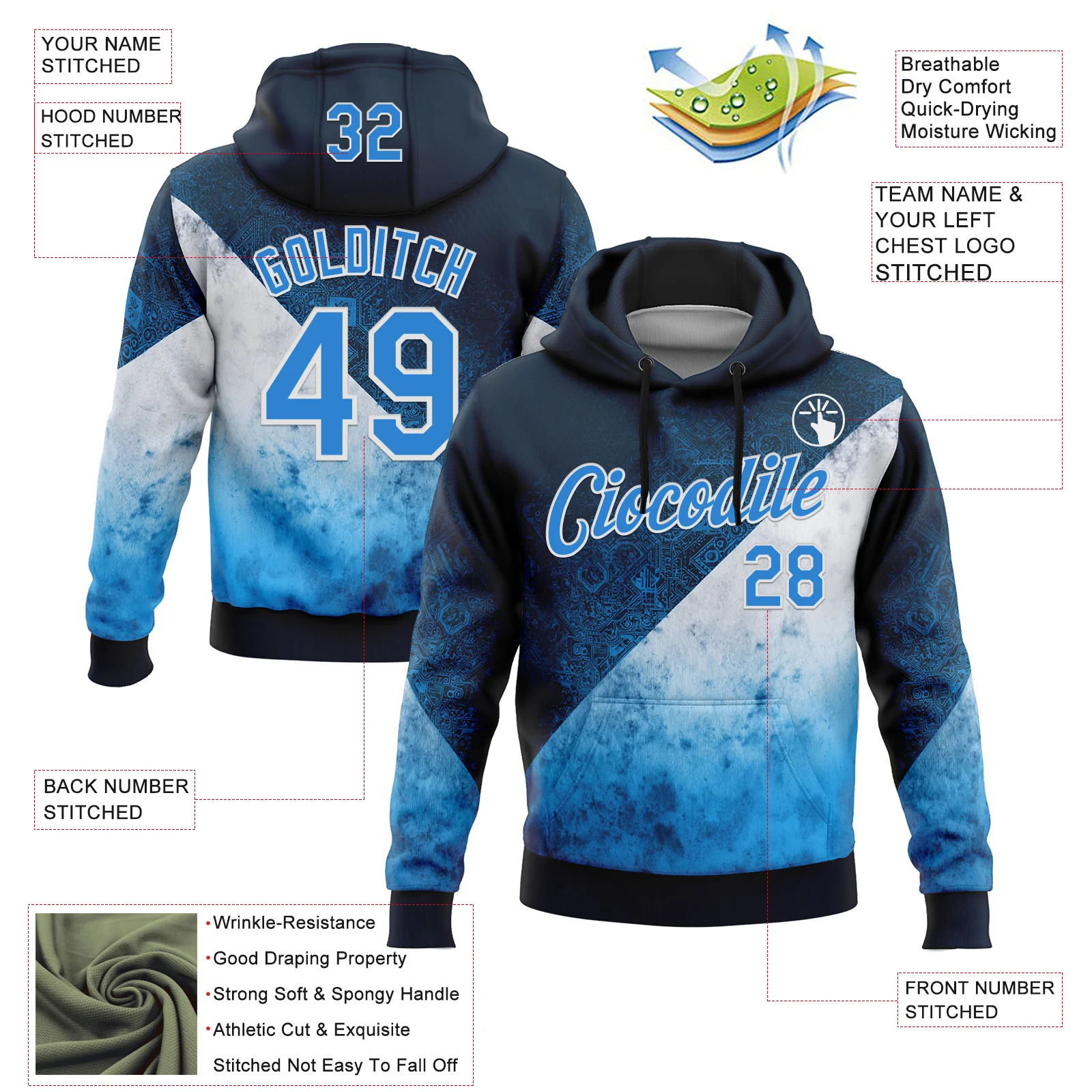 Custom Stitched Blue Powder Blue-White 3D Pattern Design Argentine Inspired Geometric Tribal Watercolor Sportswear Pullover Sweatshirt Hoodie