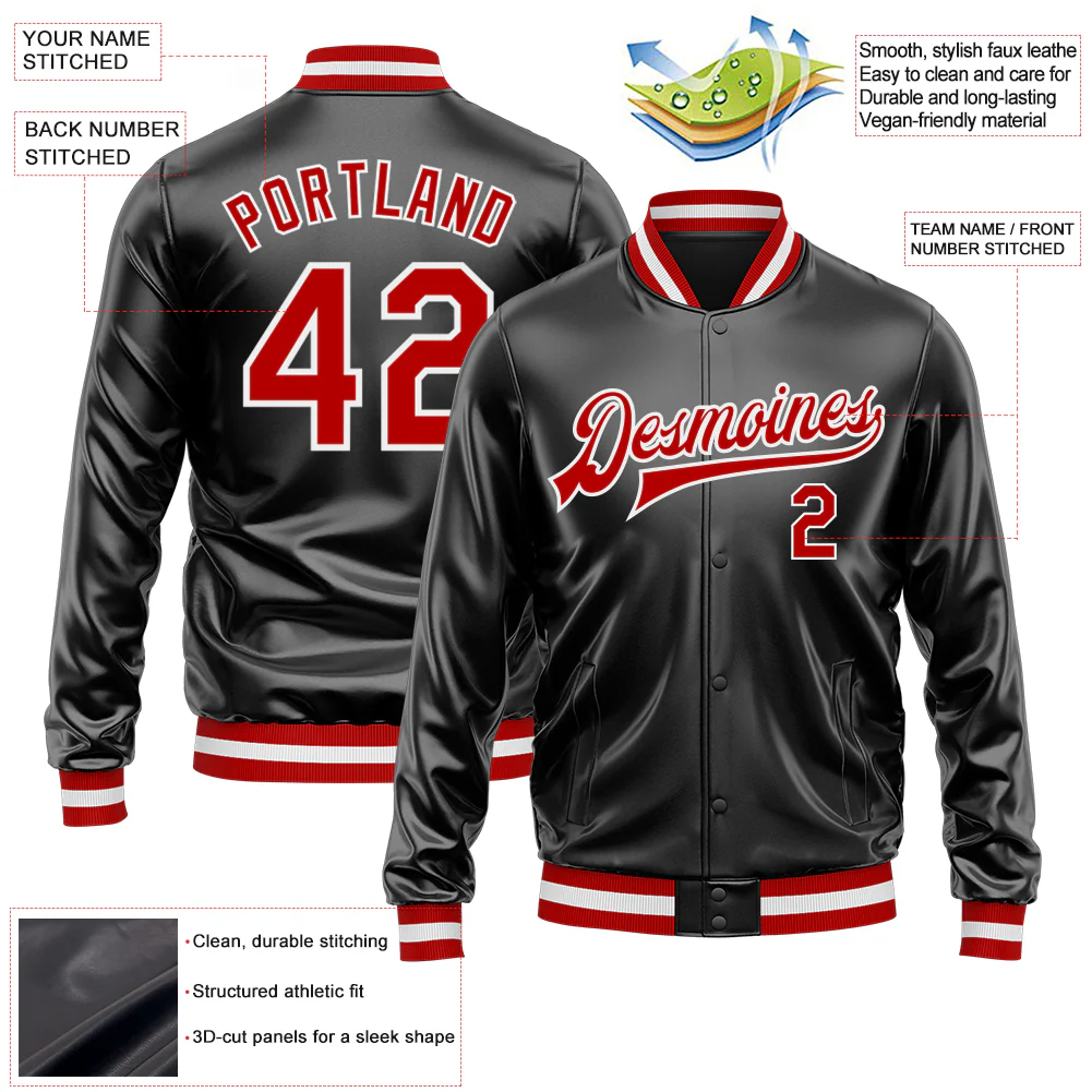 Custom Black Red-White Bomber Full-Snap Varsity Faux Leather Letterman Jacket