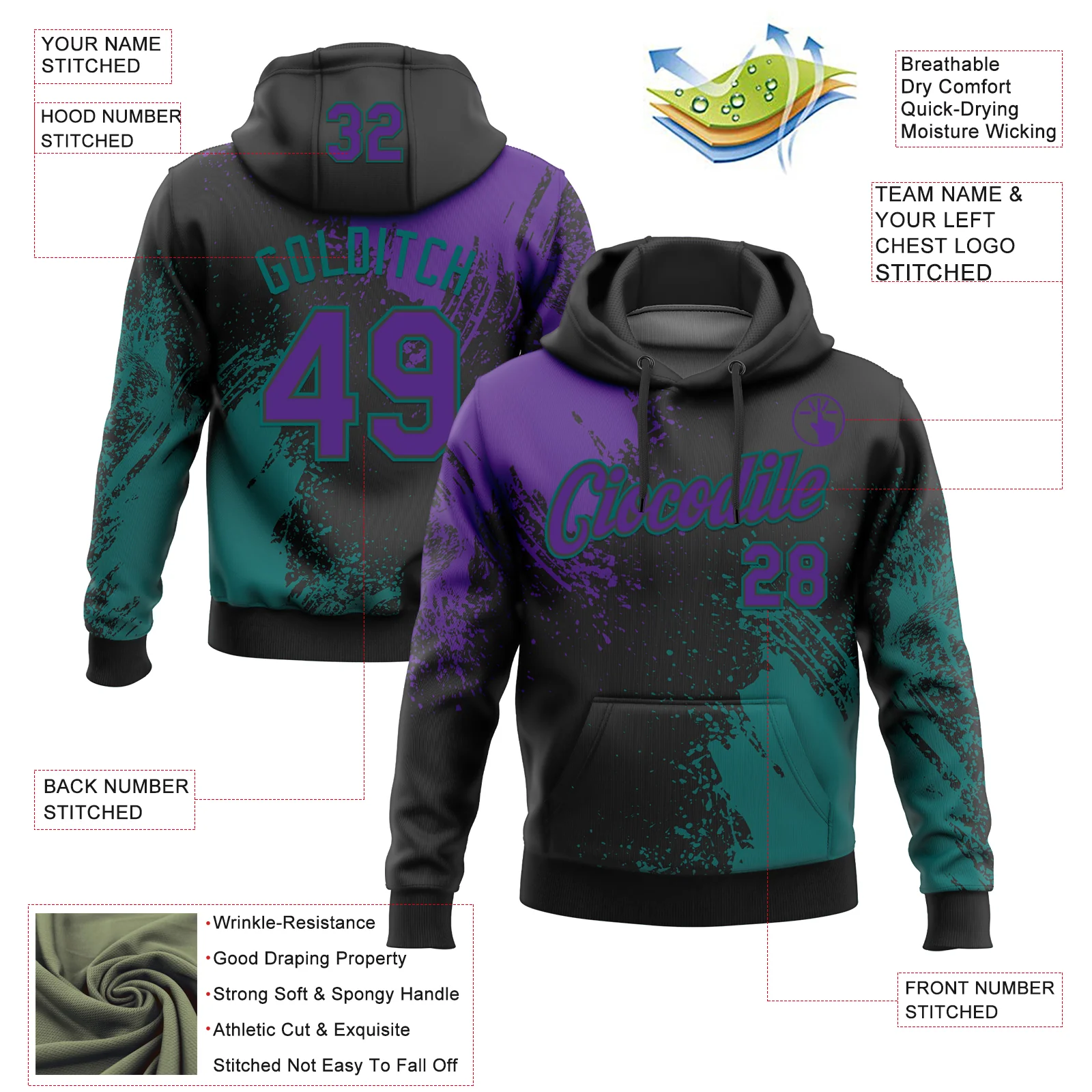 Custom Stitched Black Purple-Teal 3D Pattern Design Abstract Brush Stroke Sports Pullover Sweatshirt Hoodie