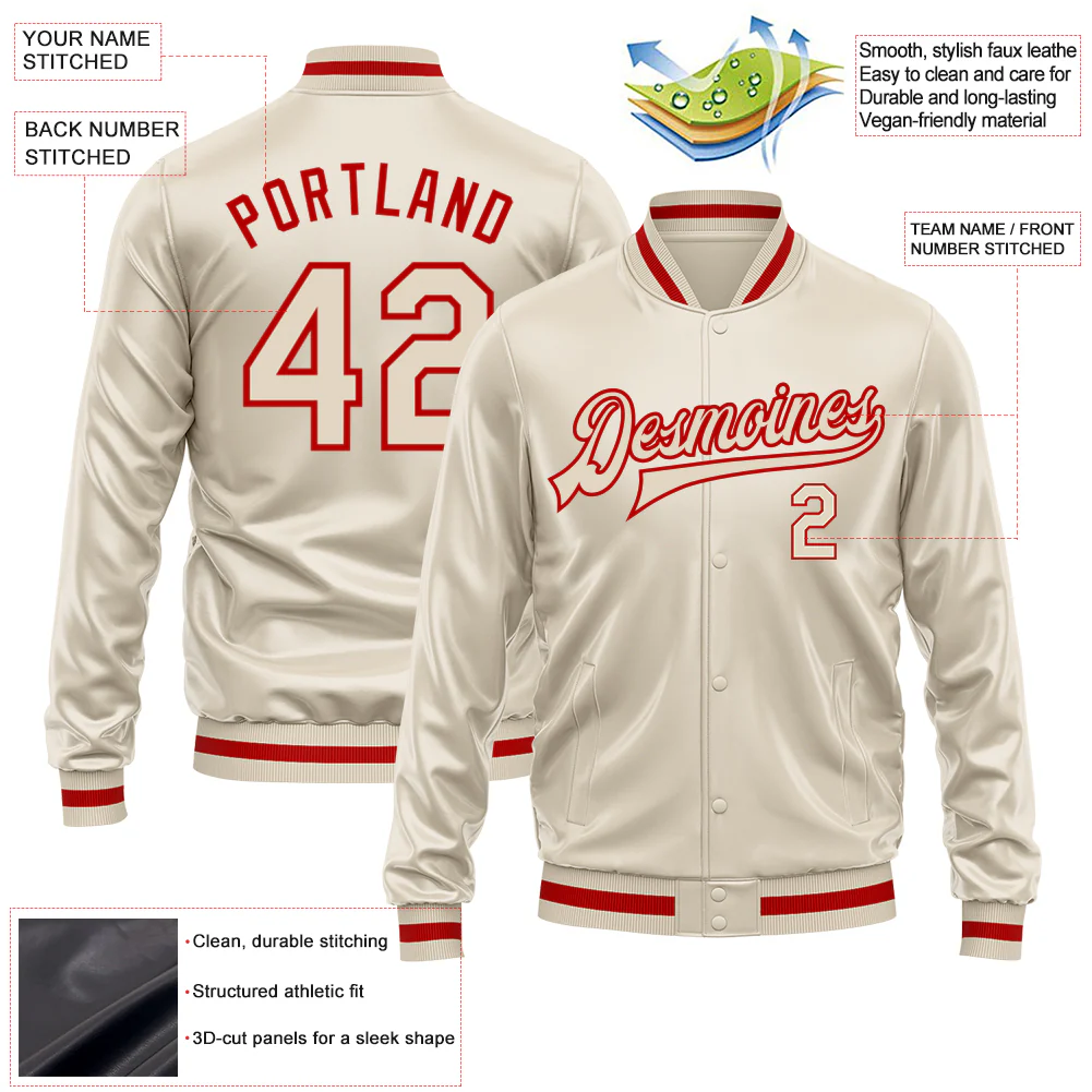 Custom Cream Cream-Red Bomber Full-Snap Varsity Faux Leather Letterman Jacket