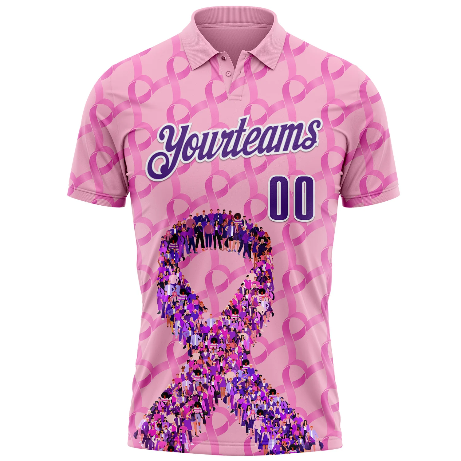 Custom Light Pink Purple-White 3D Pink Ribbon Breast Cancer Awareness Performance Polo Shirt
