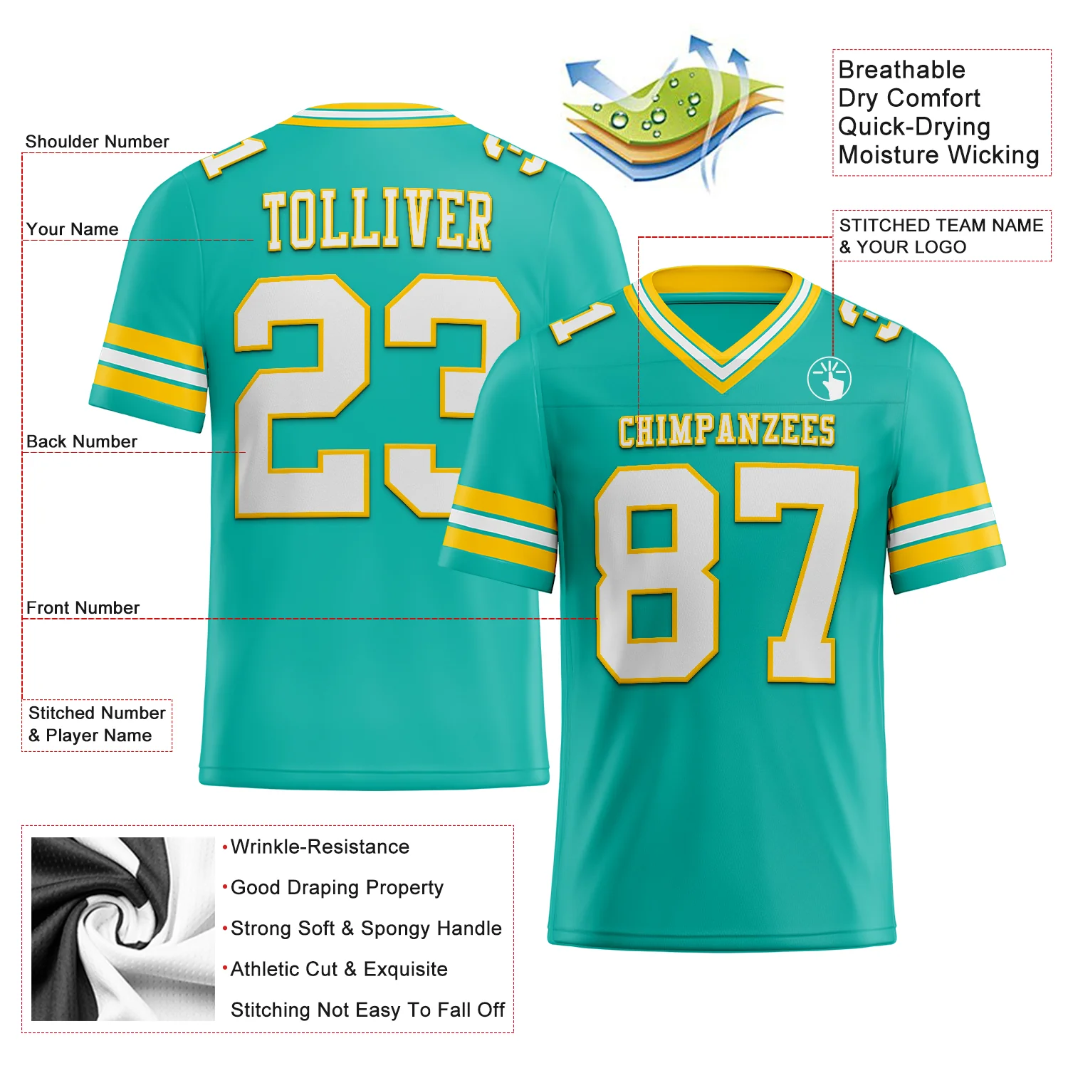 Custom Aqua White-Yellow Authentic Football Jersey