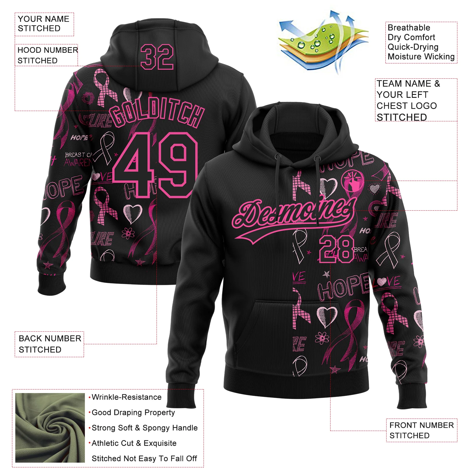 Custom Stitched Black Pink 3D Pattern Design Pink Ribbon Breast Cancer Awareness Month Women Health Care Support Sports Pullover Sweatshirt Hoodie
