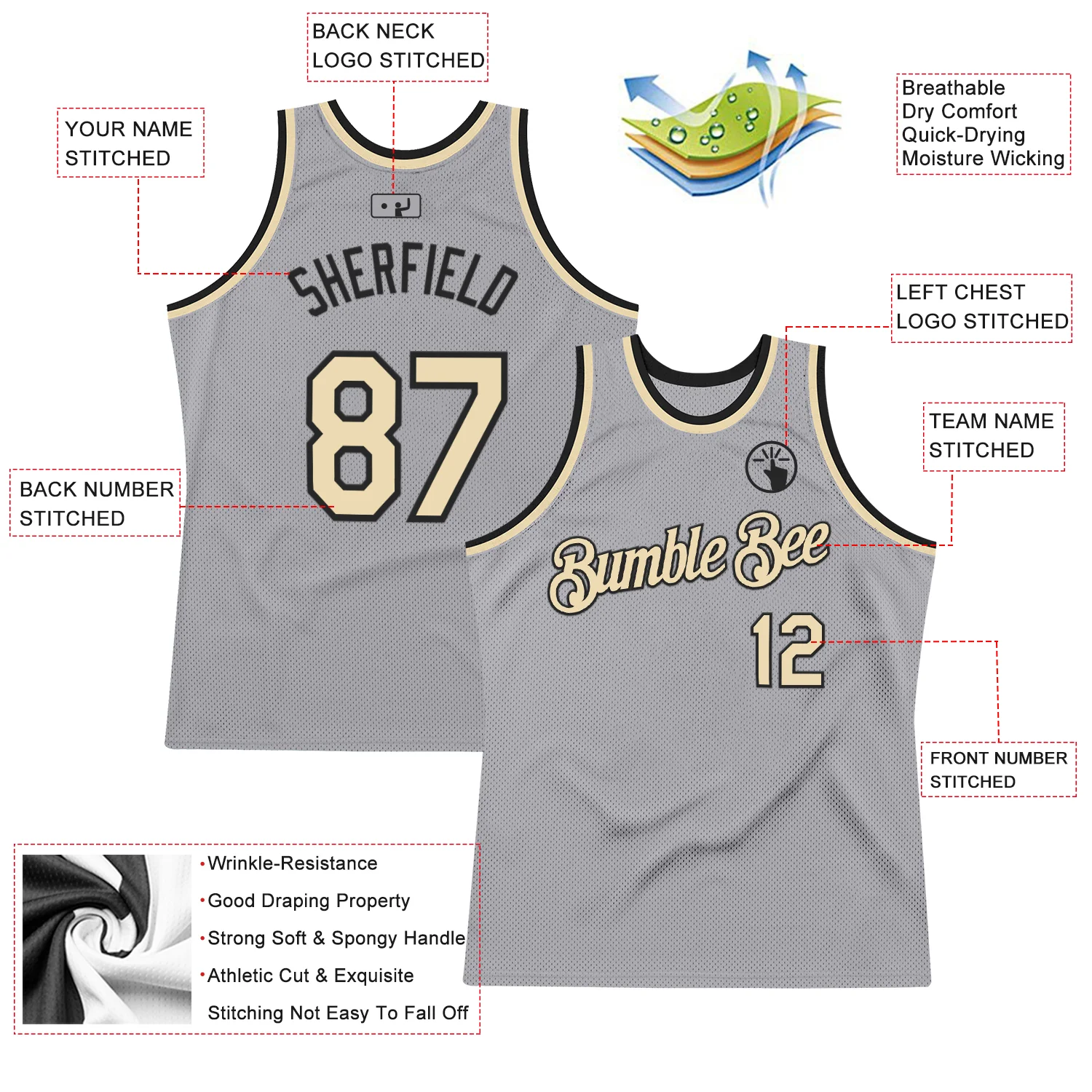 Custom Gray Cream-Black Authentic Throwback Basketball Jersey
