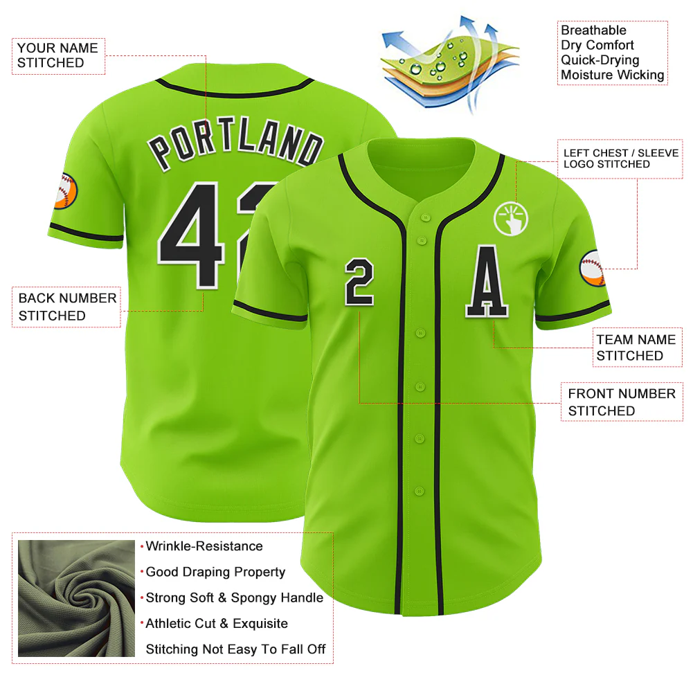 Custom Neon Green Black-White Authentic Baseball Jersey