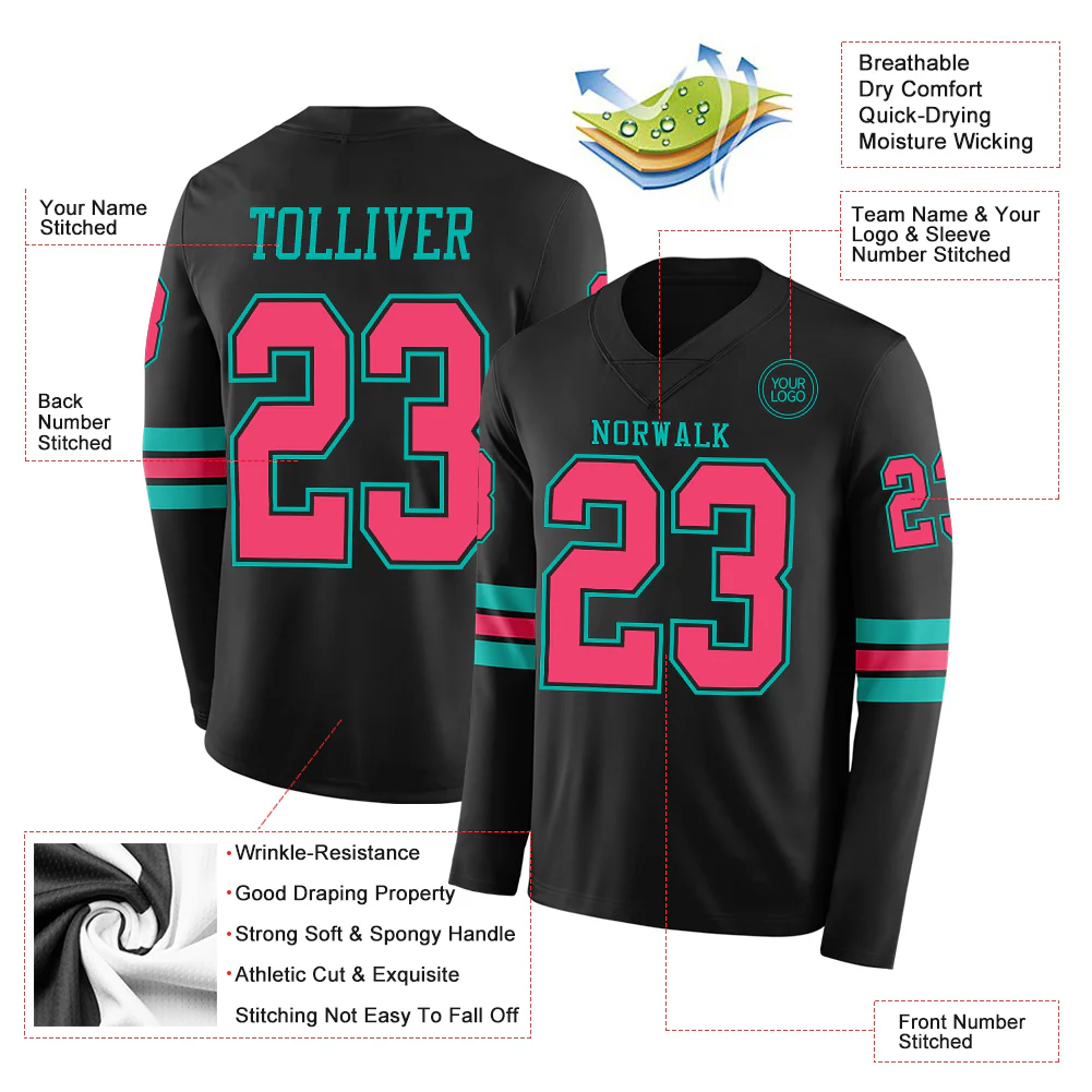 Custom Black Neon Pink-Aqua Long Sleeve Authentic Football Jersey