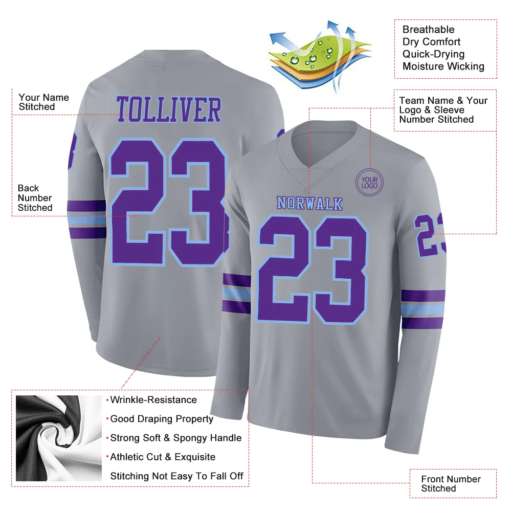 Custom Gray Purple-Light Blue Long Sleeve Authentic Football Jersey