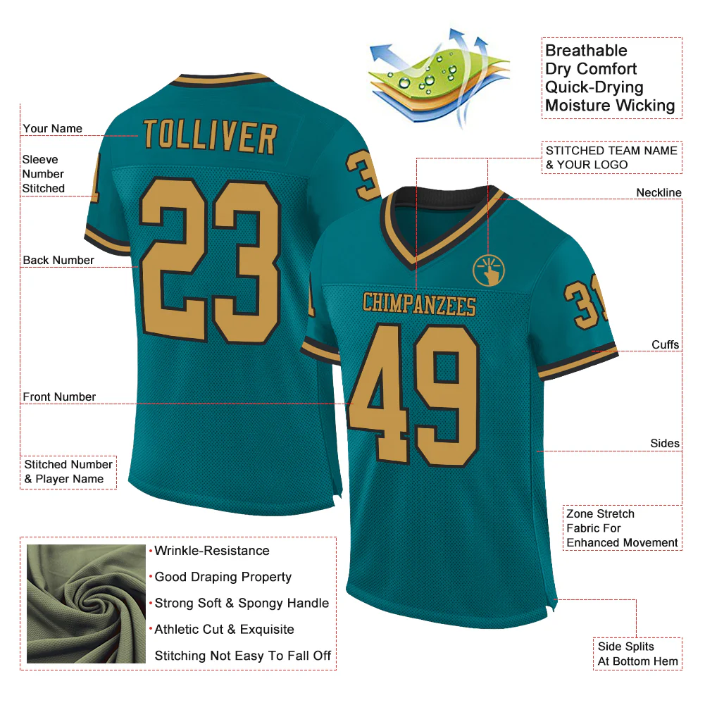 Custom Teal Old Gold-Black Mesh Authentic Throwback Football Jersey