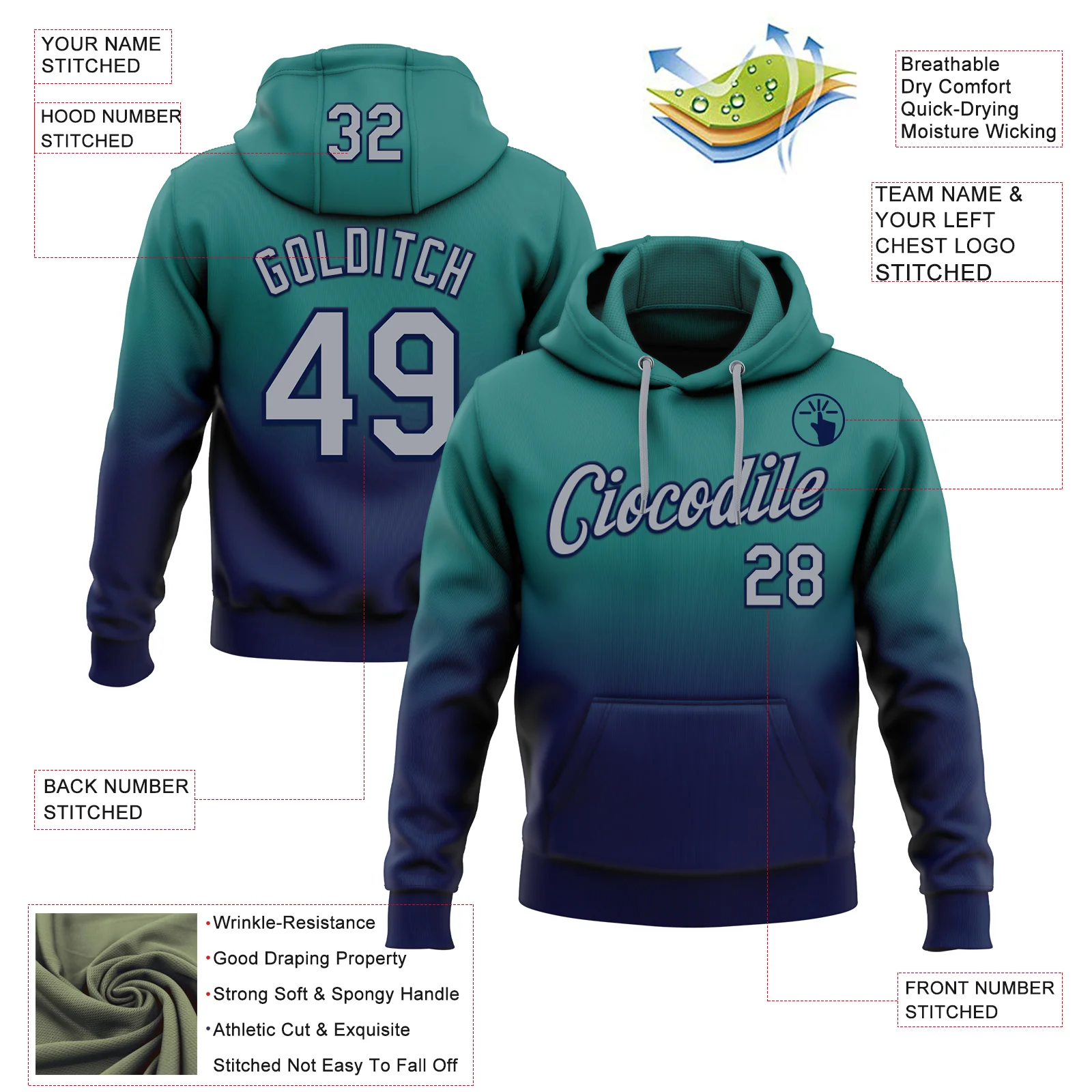 Custom Stitched Teal Gray-Navy Fade Fashion Sports Pullover Sweatshirt Hoodie