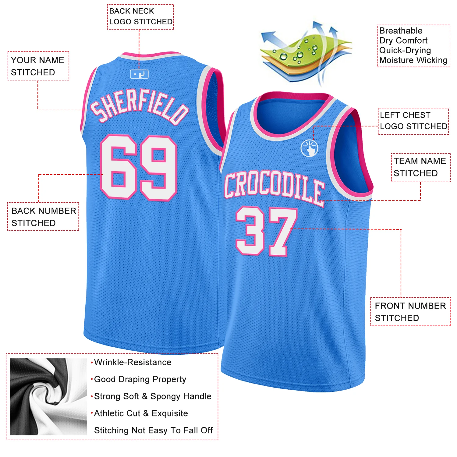 Custom Powder Blue White-Pink Authentic Basketball Jersey