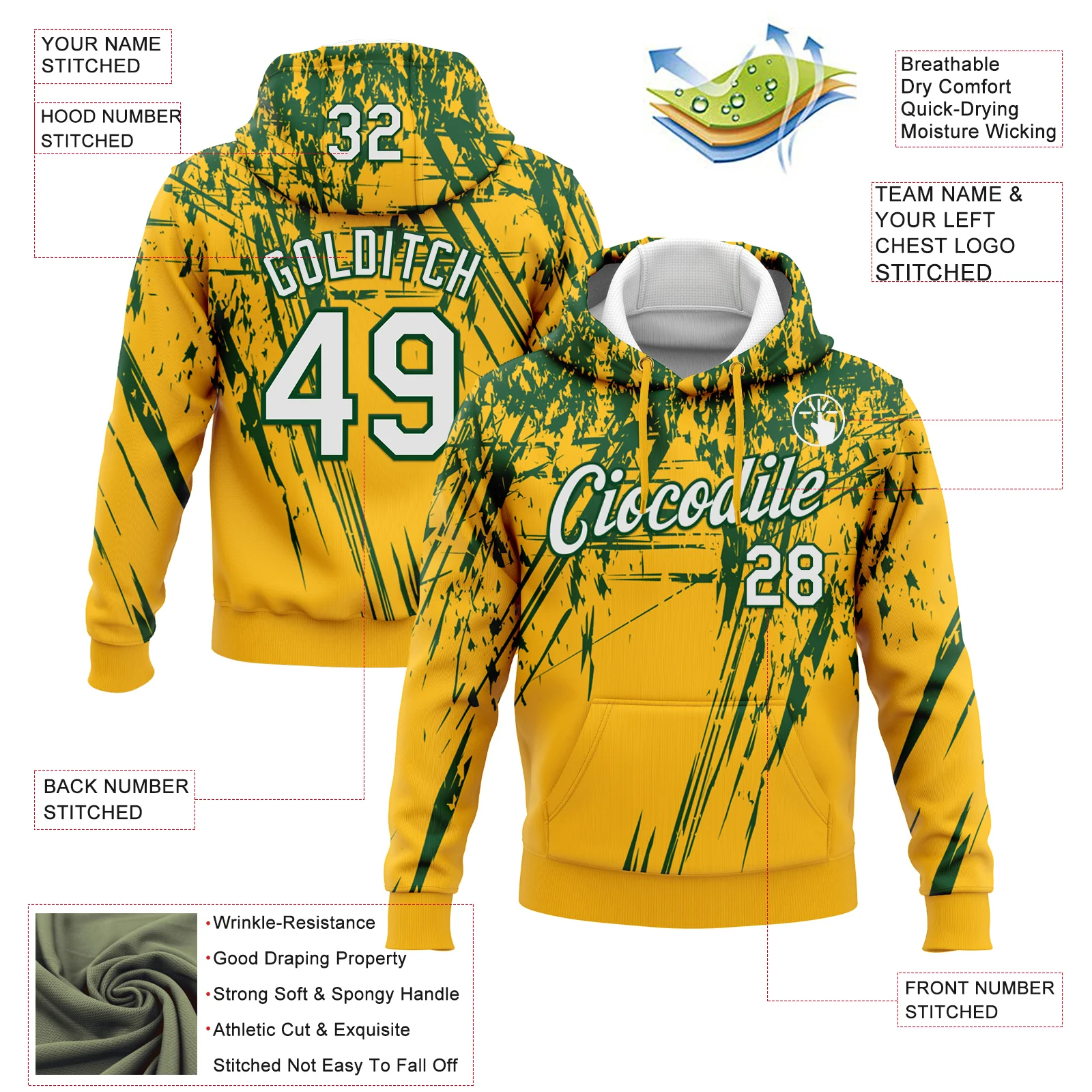Custom Stitched Gold White-Green 3D Pattern Design Splash Grunge Art Sports Pullover Sweatshirt Hoodie