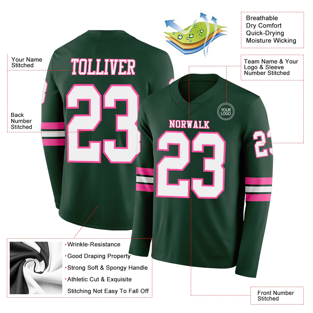 Custom Green White-Pink Long Sleeve Authentic Football Jersey