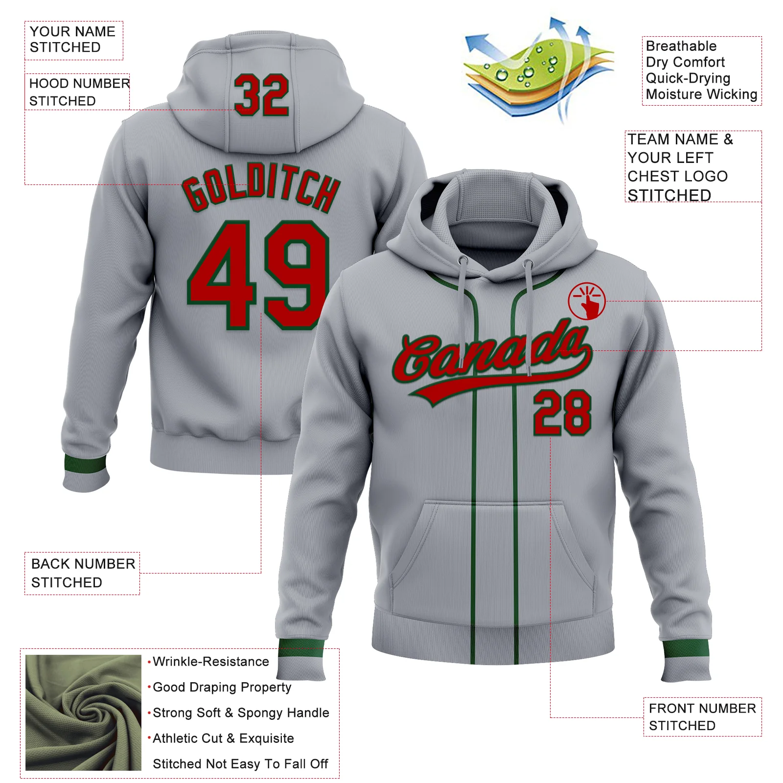 Custom Stitched Gray Red-Green Baseball Pullover Sweatshirt Hoodie