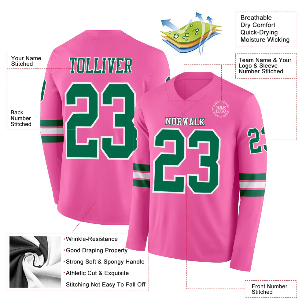 Custom Pink Kelly Green-White Long Sleeve Authentic Football Jersey