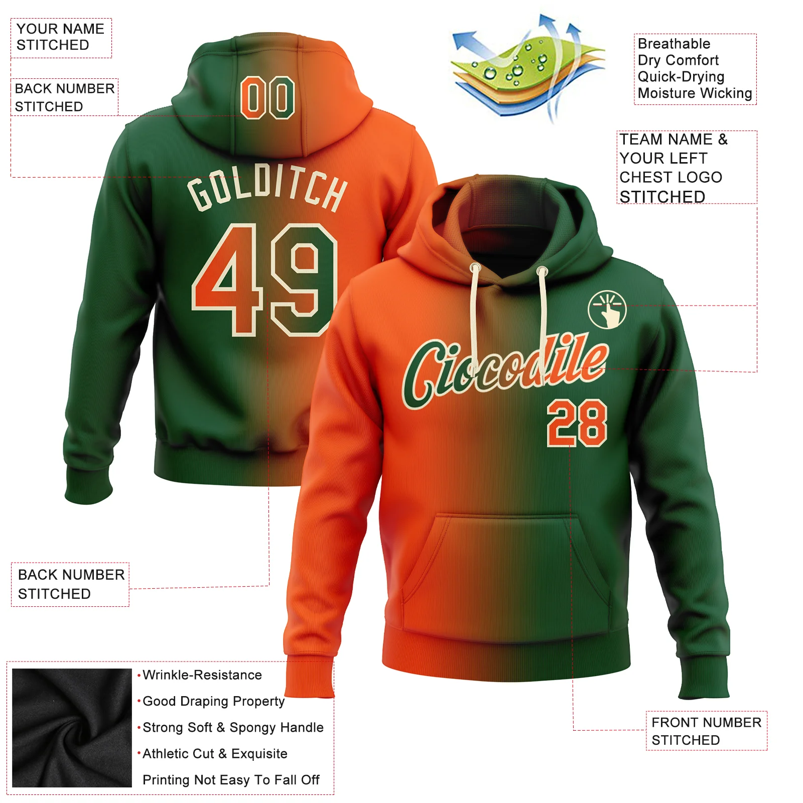 Custom Stitched Green Orange-Cream Gradient Fashion Sports Pullover Sweatshirt Hoodie