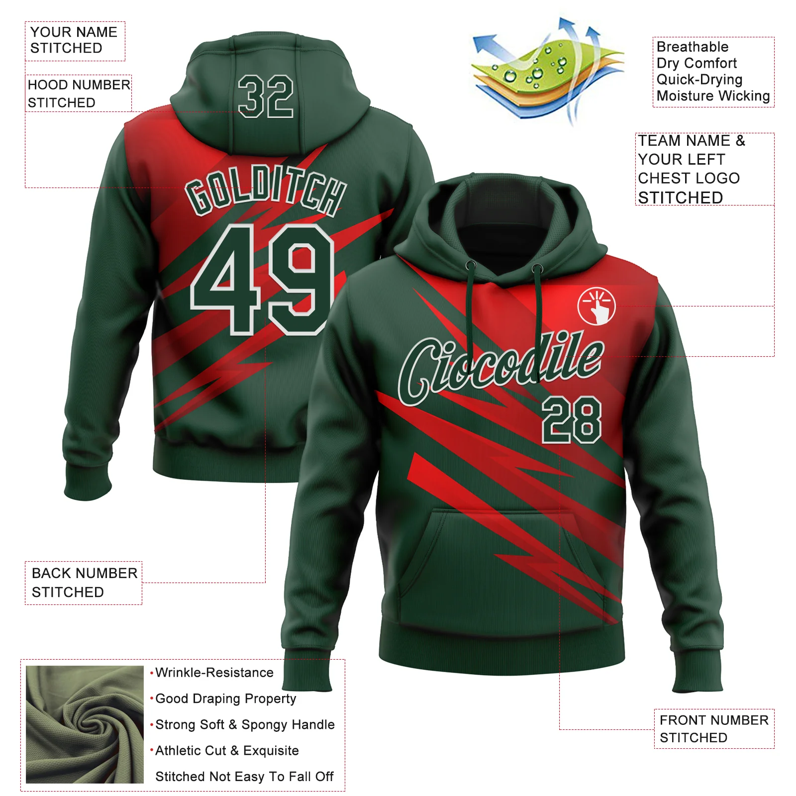 Custom Stitched Green Red-White 3D Pattern Design Line Sports Pullover Sweatshirt Hoodie