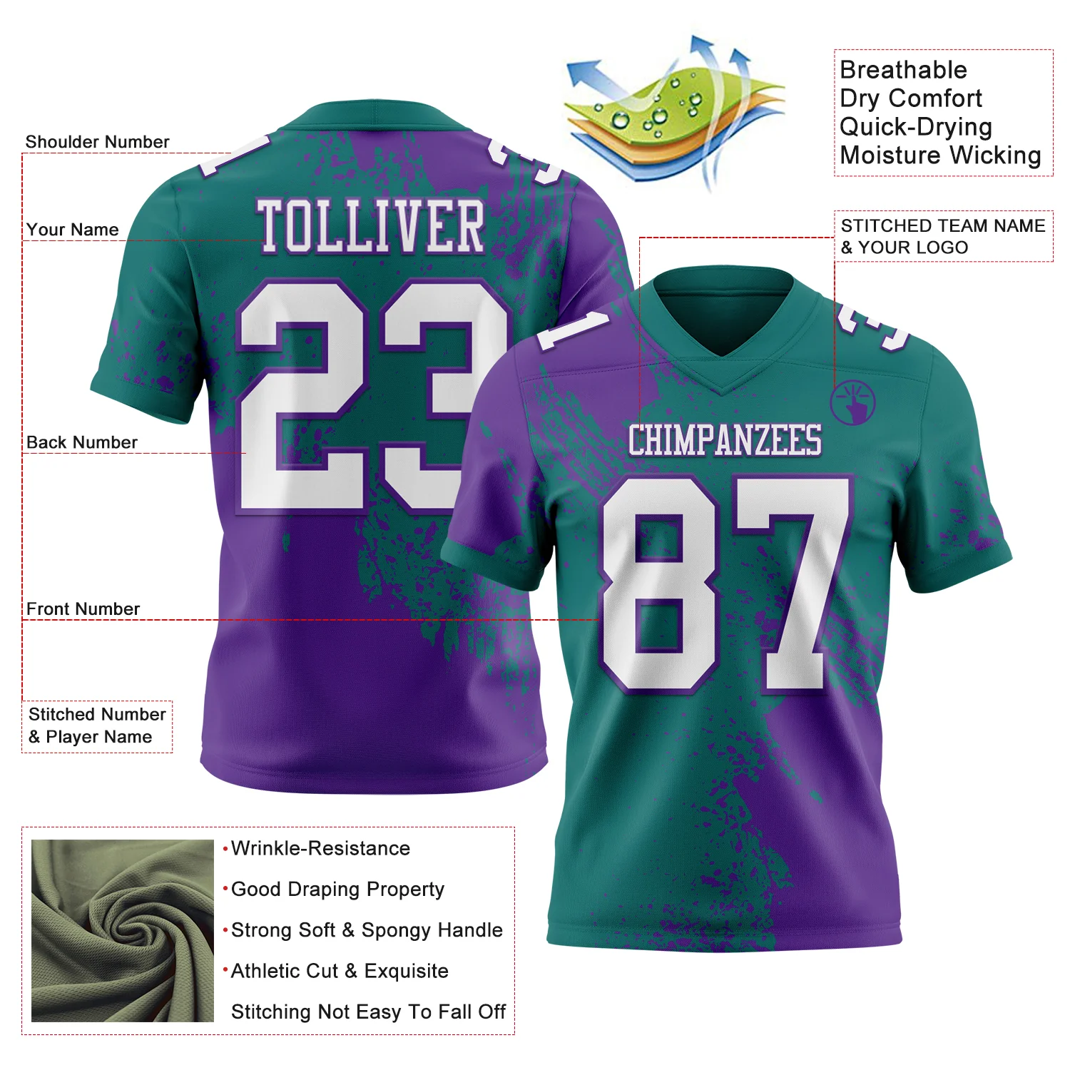 Custom Teal White-Purple 3D Pattern Abstract Brush Stroke Authentic Football Jersey