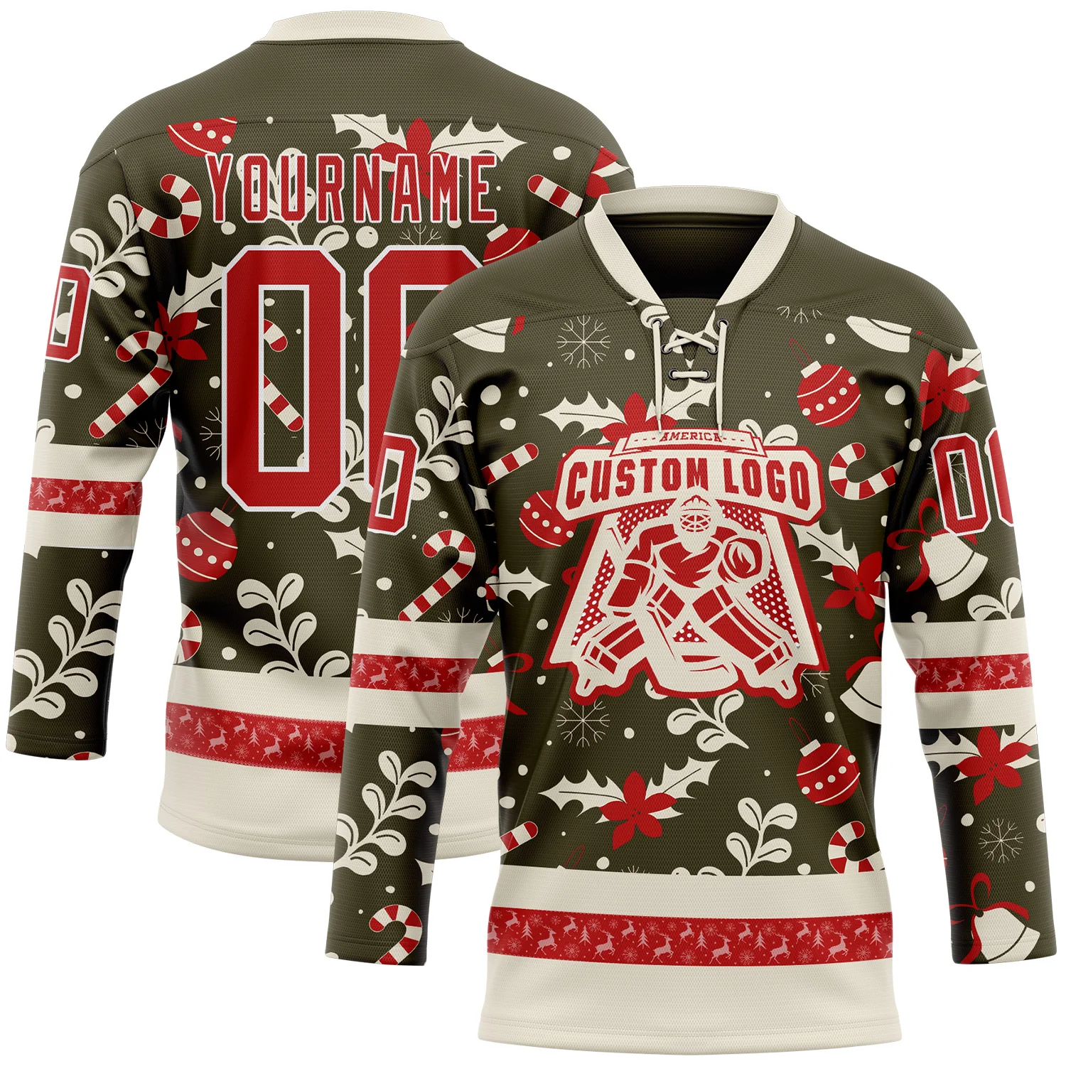Custom Olive Red-White 3D Christmas Hockey Lace Neck Jersey