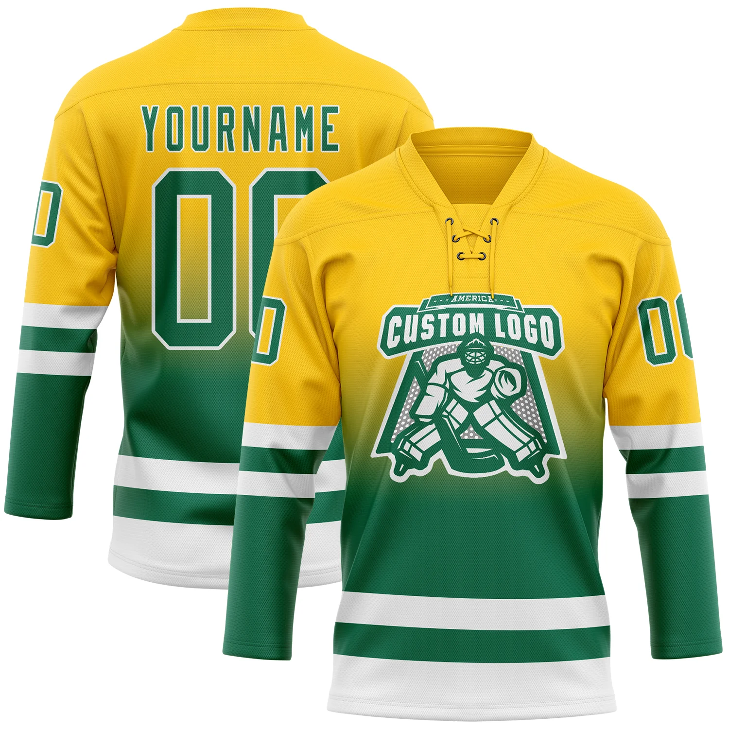 Custom Yellow Kelly Green-White Fade Fashion Hockey Lace Neck Jersey