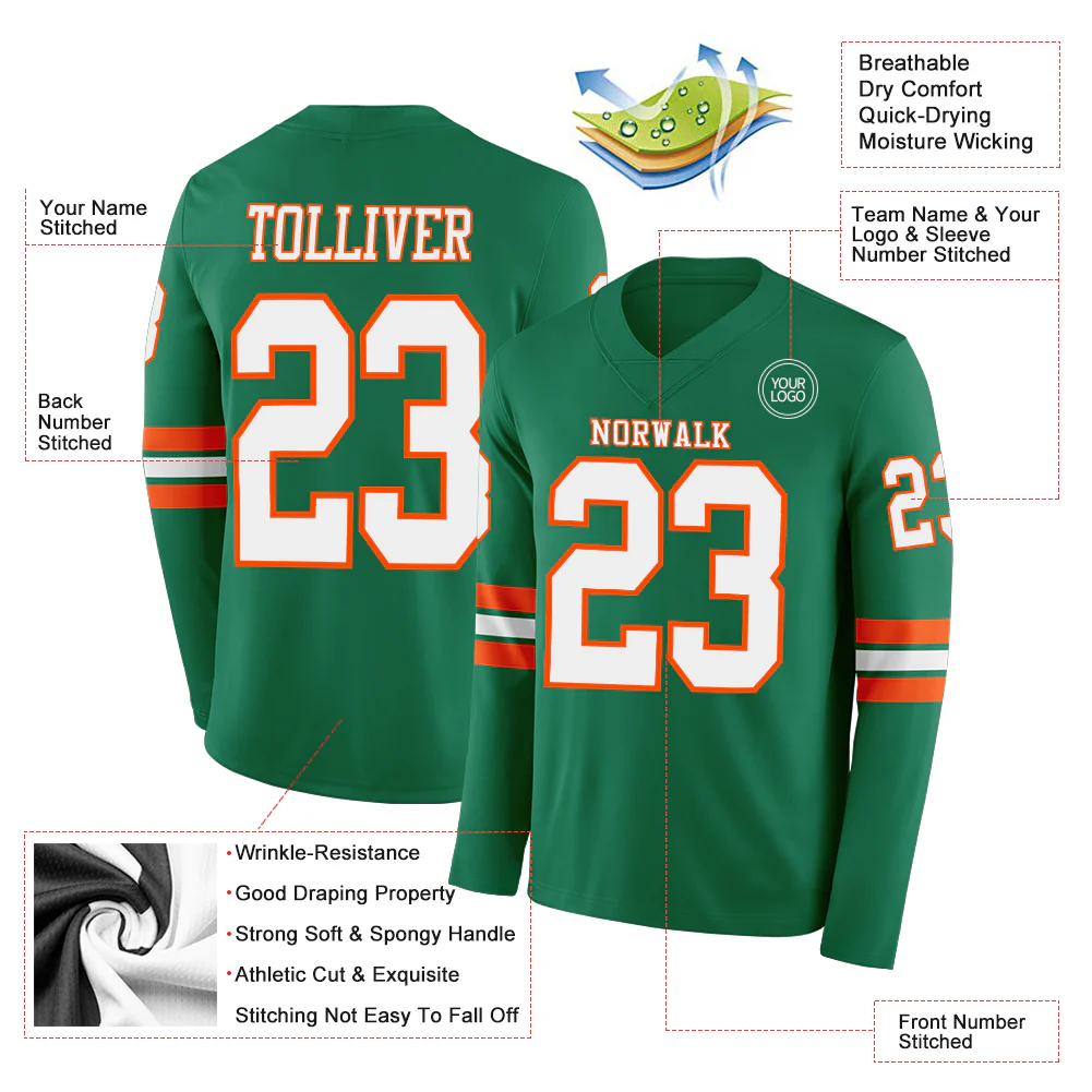 Custom Kelly Green White-Orange Long Sleeve Authentic Football Jersey