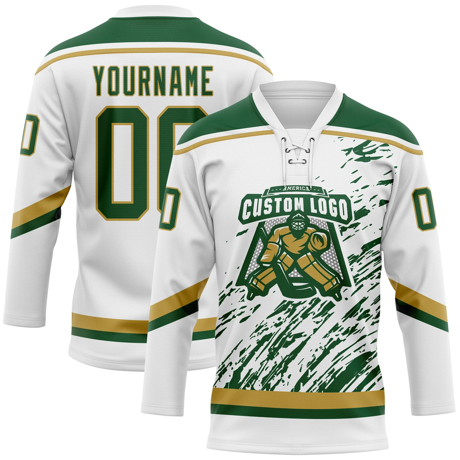 Custom White Green-Old Gold 3D Splash Art Hockey Lace Neck Jersey