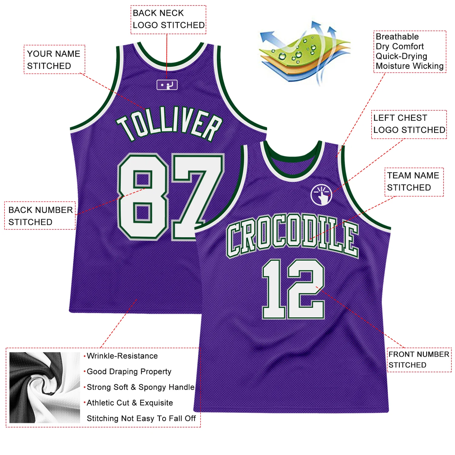 Custom Purple White Green-Gray Authentic Throwback Basketball Jersey