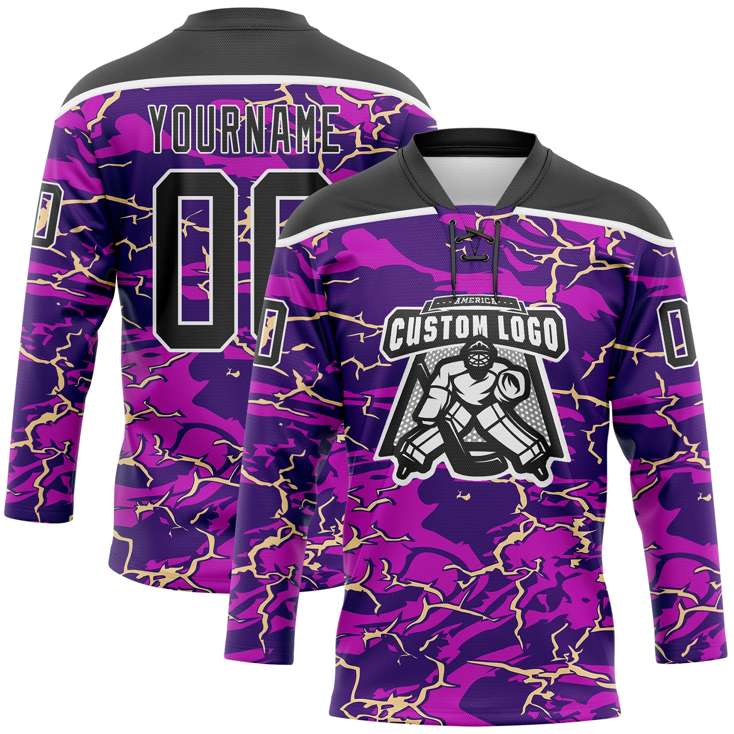Custom Purple Black Cream-White 3D Pattern Lightning Hockey Lace Neck Jersey