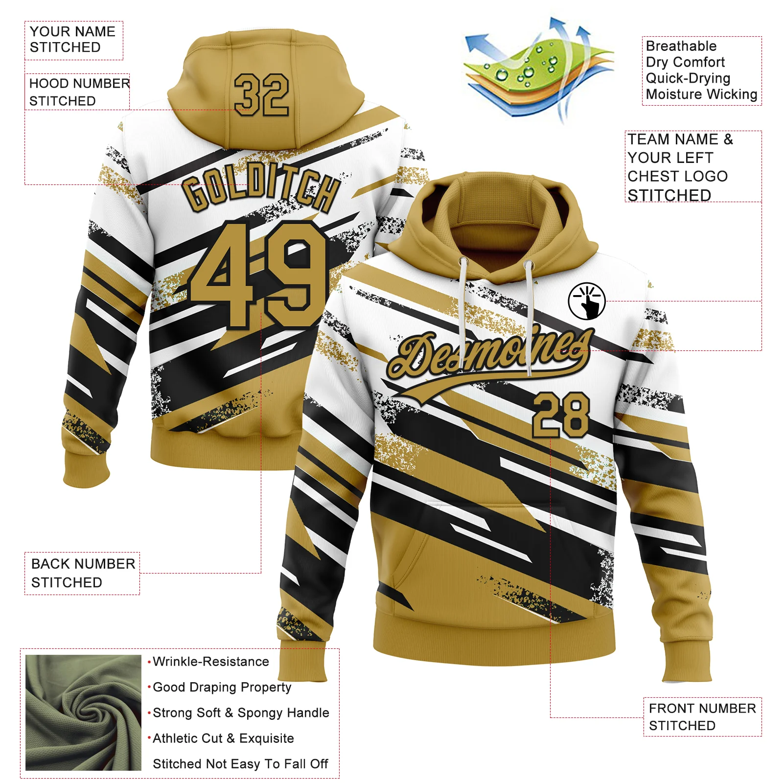Custom Stitched Old Gold Black-White 3D Pattern Design Line Sportswear Pullover Sweatshirt Hoodie
