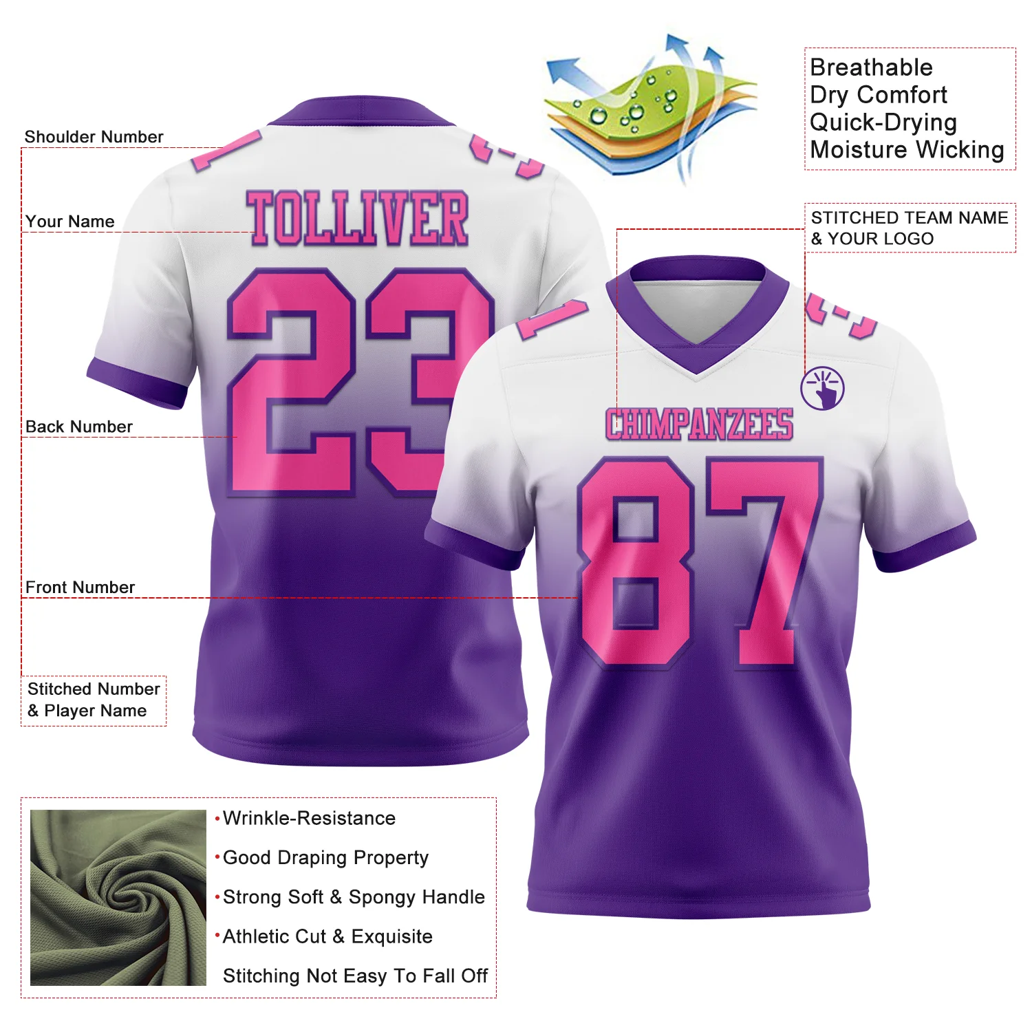 Custom White Pink-Purple Authentic Fade Fashion Football Jersey