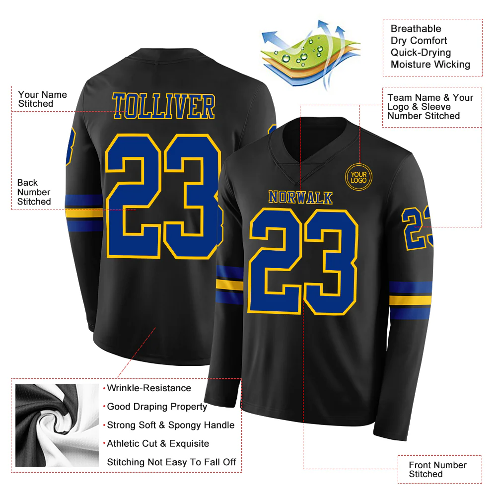 Custom Black Royal-Yellow Long Sleeve Authentic Football Jersey