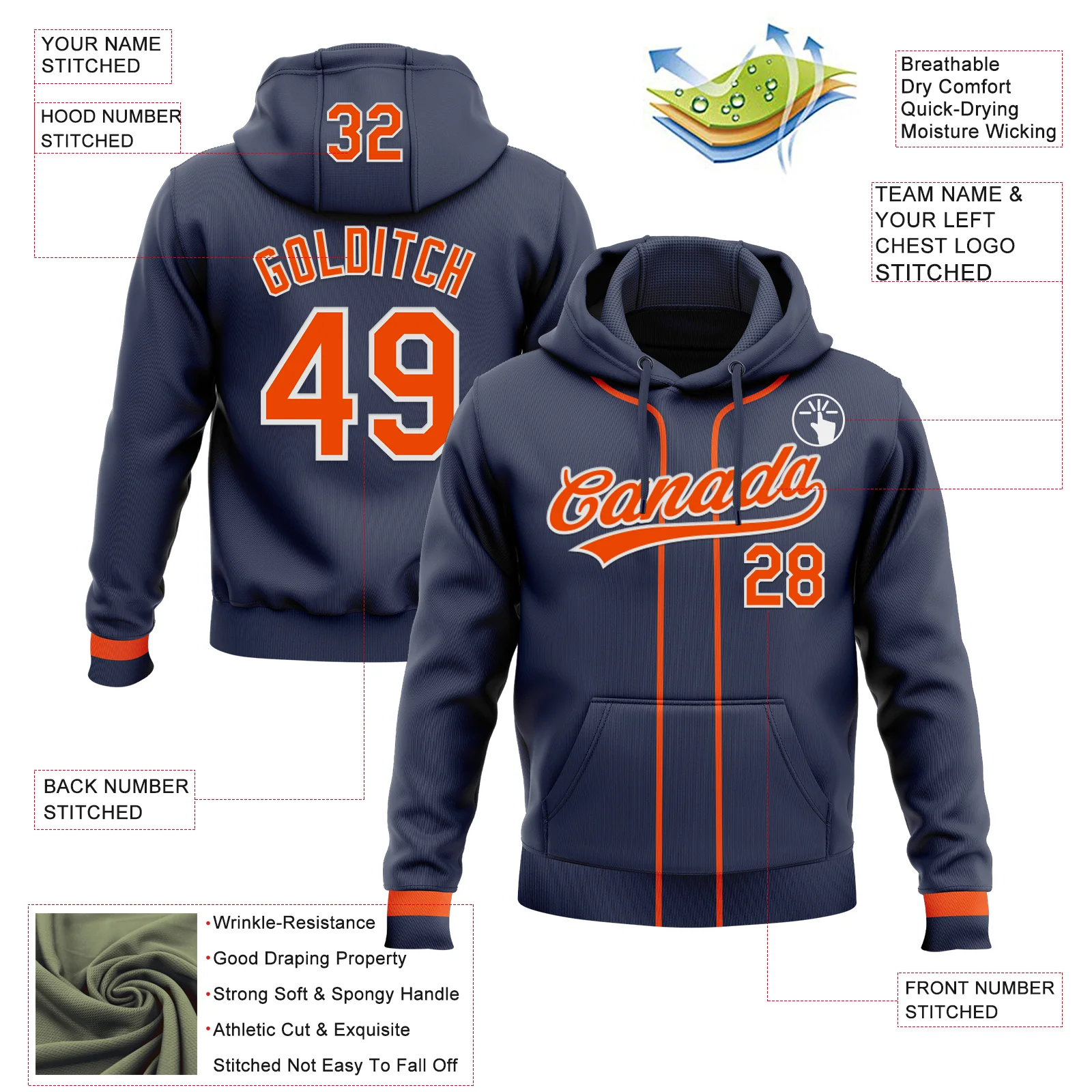 Custom Stitched Navy Orange-White Baseball Pullover Sweatshirt Hoodie