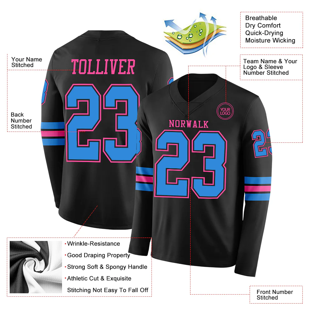 Custom Black Powder Blue-Pink Long Sleeve Authentic Football Jersey