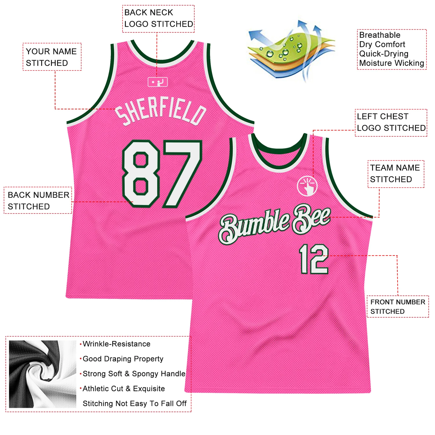 Custom Pink White-Green Authentic Throwback Basketball Jersey