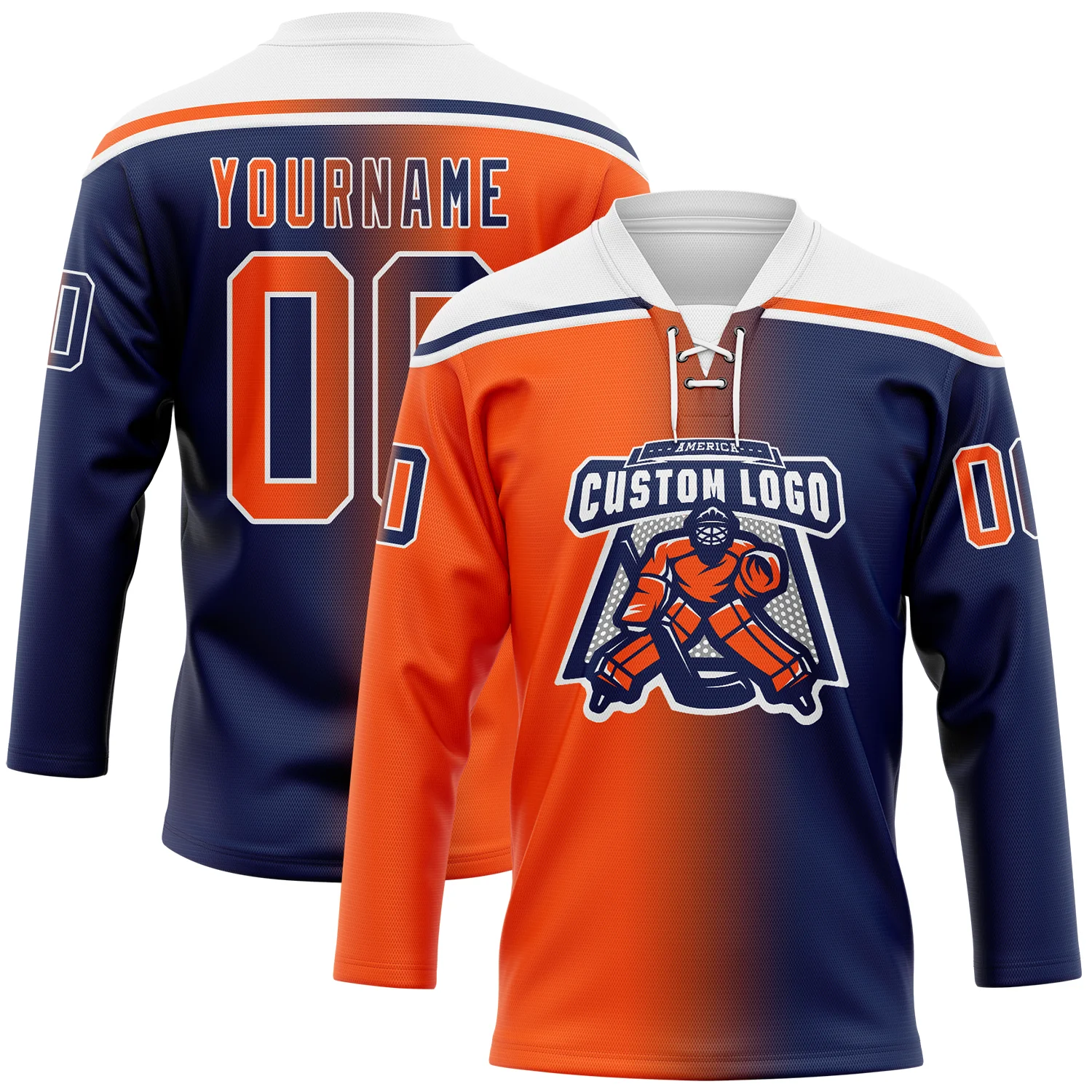 Custom Navy Orange-White Gradient Fashion Hockey Lace Neck Jersey