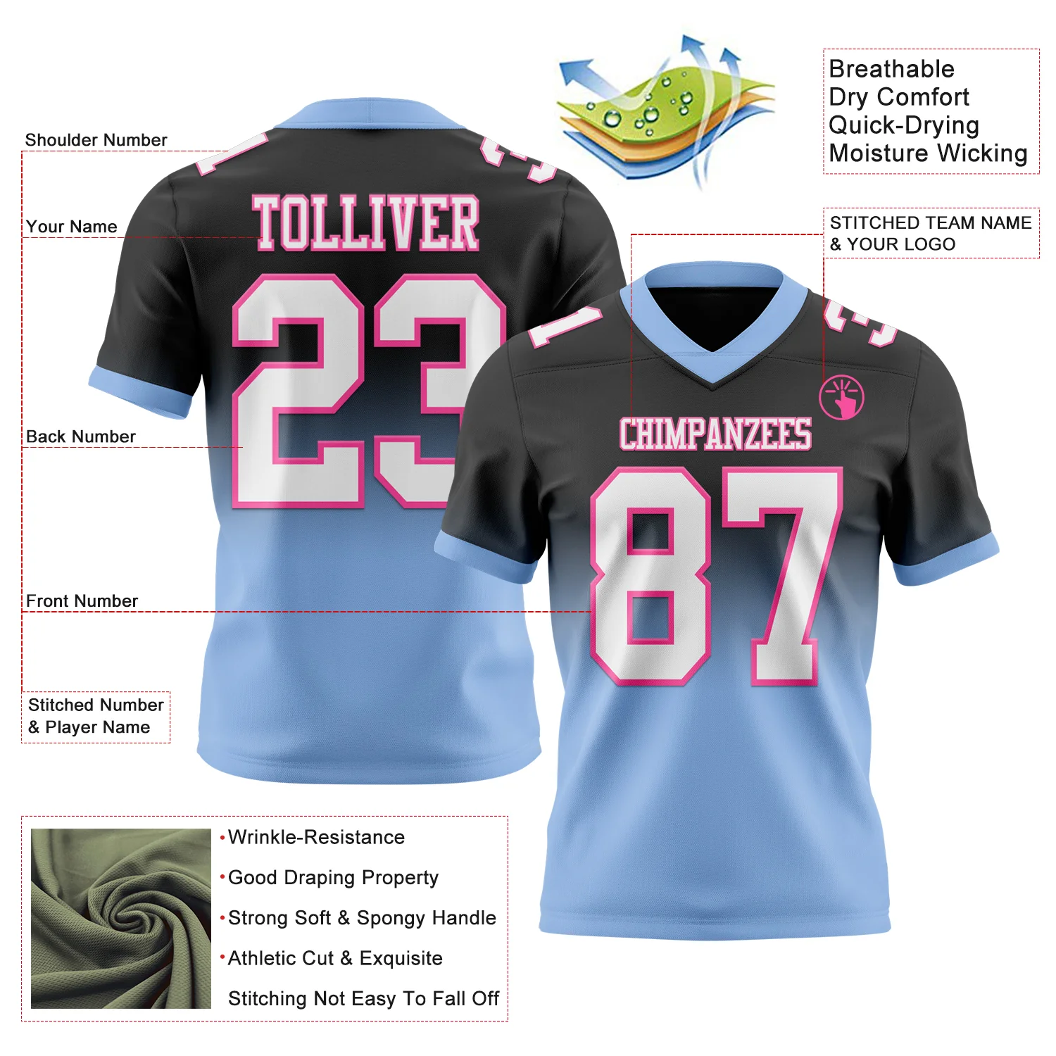 Custom Black White Light Blue-Pink Authentic Fade Fashion Football Jersey