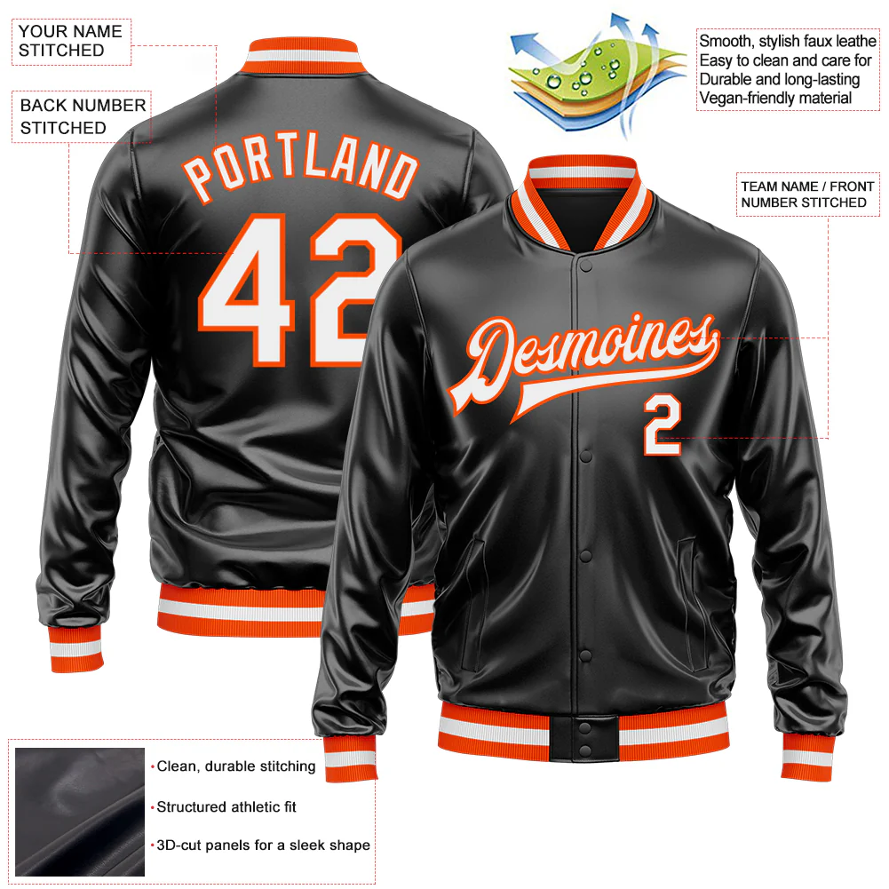 Custom Black White-Orange Bomber Full-Snap Varsity Faux Leather Letterman Jacket
